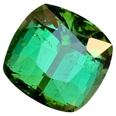 Vibrant Green Bluish Hue Natural Tourmaline Gemstone 5.45 Ct Cushion Cut  Ring