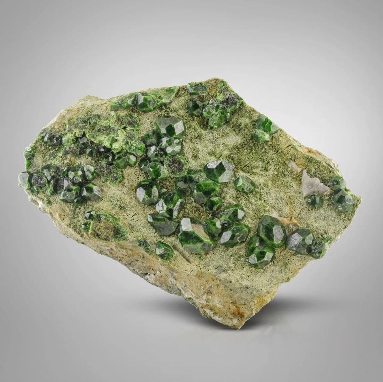 Azerbaijani Vibrant Green Demantoid Garnet Isolated Crystals On Matrix From Azerbaijan For Sale