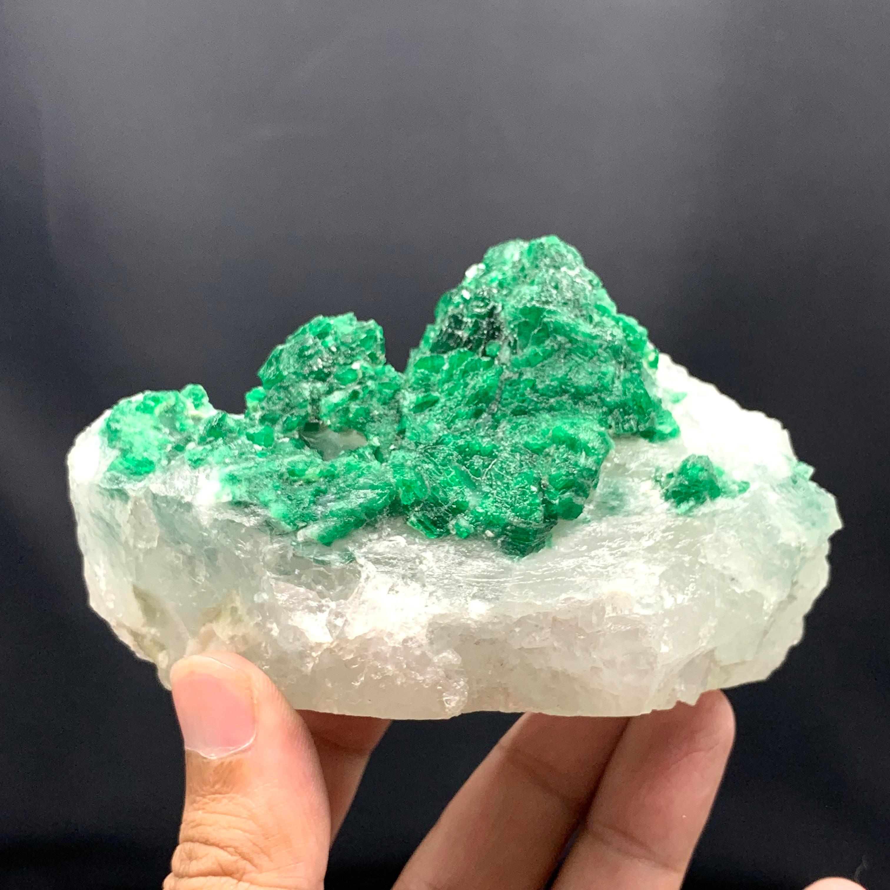 Product Information: 
Specimen: Emerald Crystals on Calcite
Weight: 370 grams
Dimension: H: 6.5 x W: 11 x D: 4.5
Origin: Swat Valley, KPK Province, Pakistan 
Treatment: None
.
The vibrant green emerald crystal cluster on a calcite matrix from