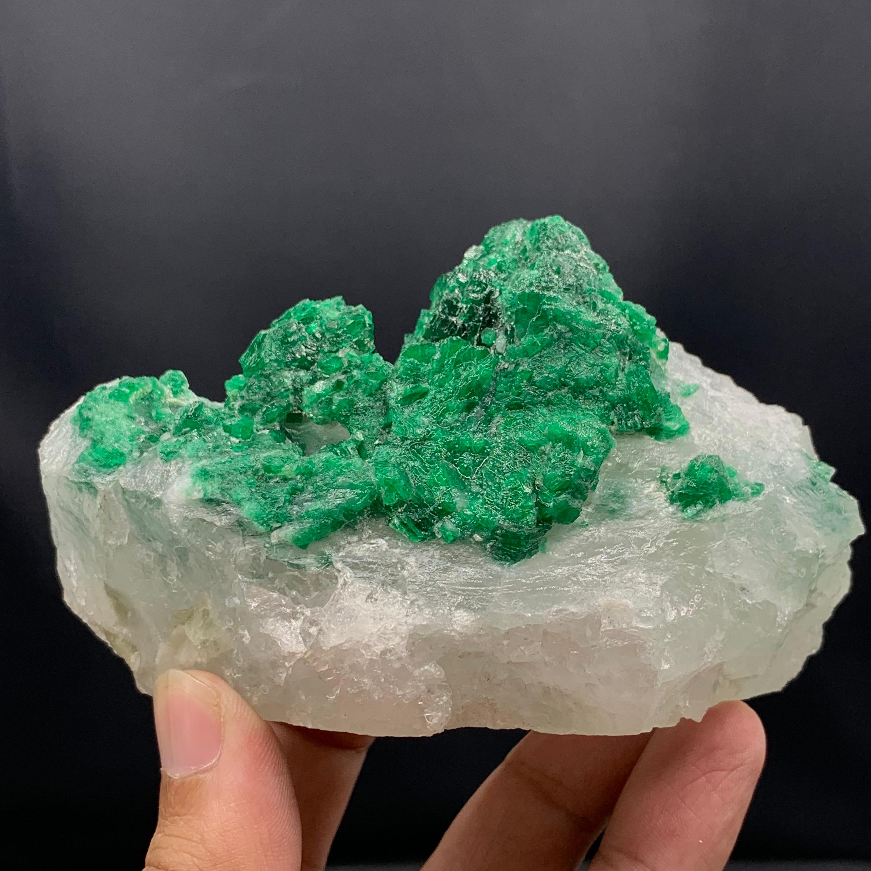 Adam Style Vibrant Green Emerald Crystal Cluster On Calcite Matrix From Pakistan For Sale