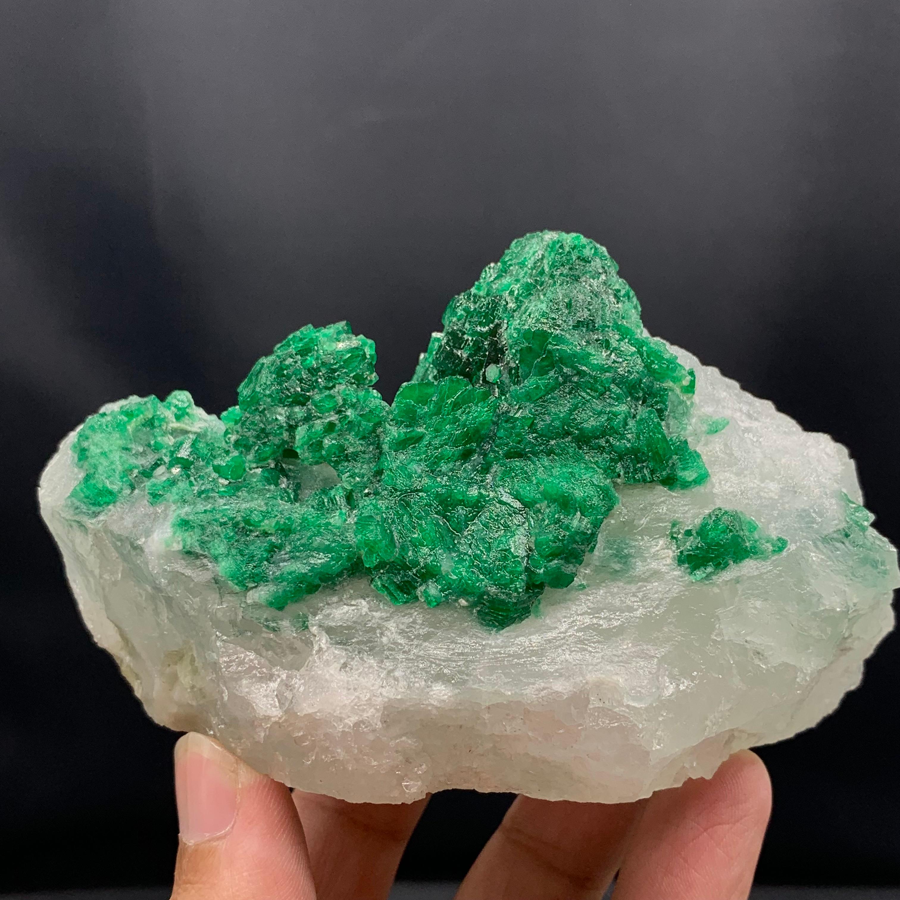 Contemporary Vibrant Green Emerald Crystal Cluster On Calcite Matrix From Pakistan For Sale