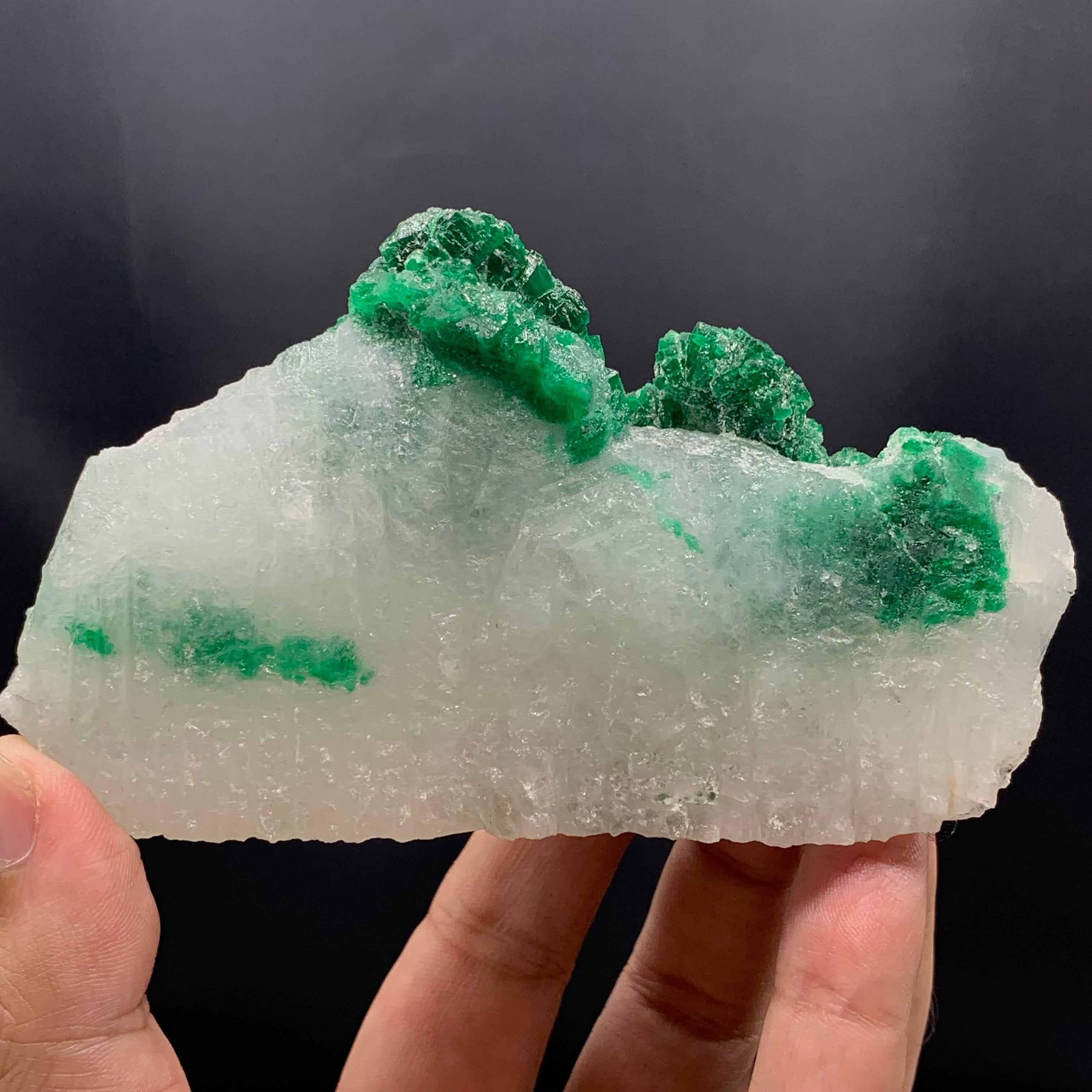 Rock Crystal Vibrant Green Emerald Crystal Cluster On Calcite Matrix From Pakistan For Sale