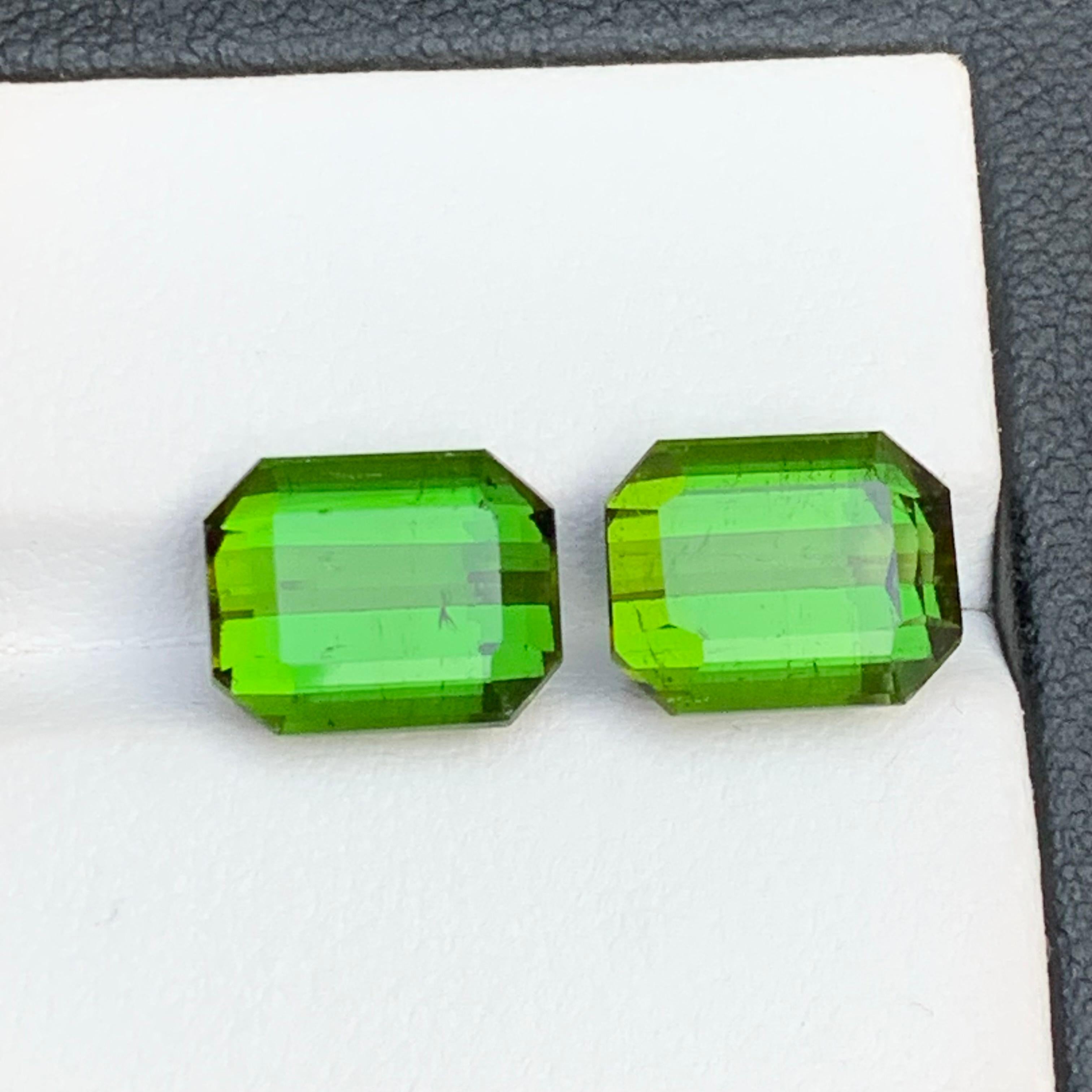 Vibrant Green Natural Tourmaline Earrings Loose Gemstone Pair 11.35 Ct Octagon For Sale 4