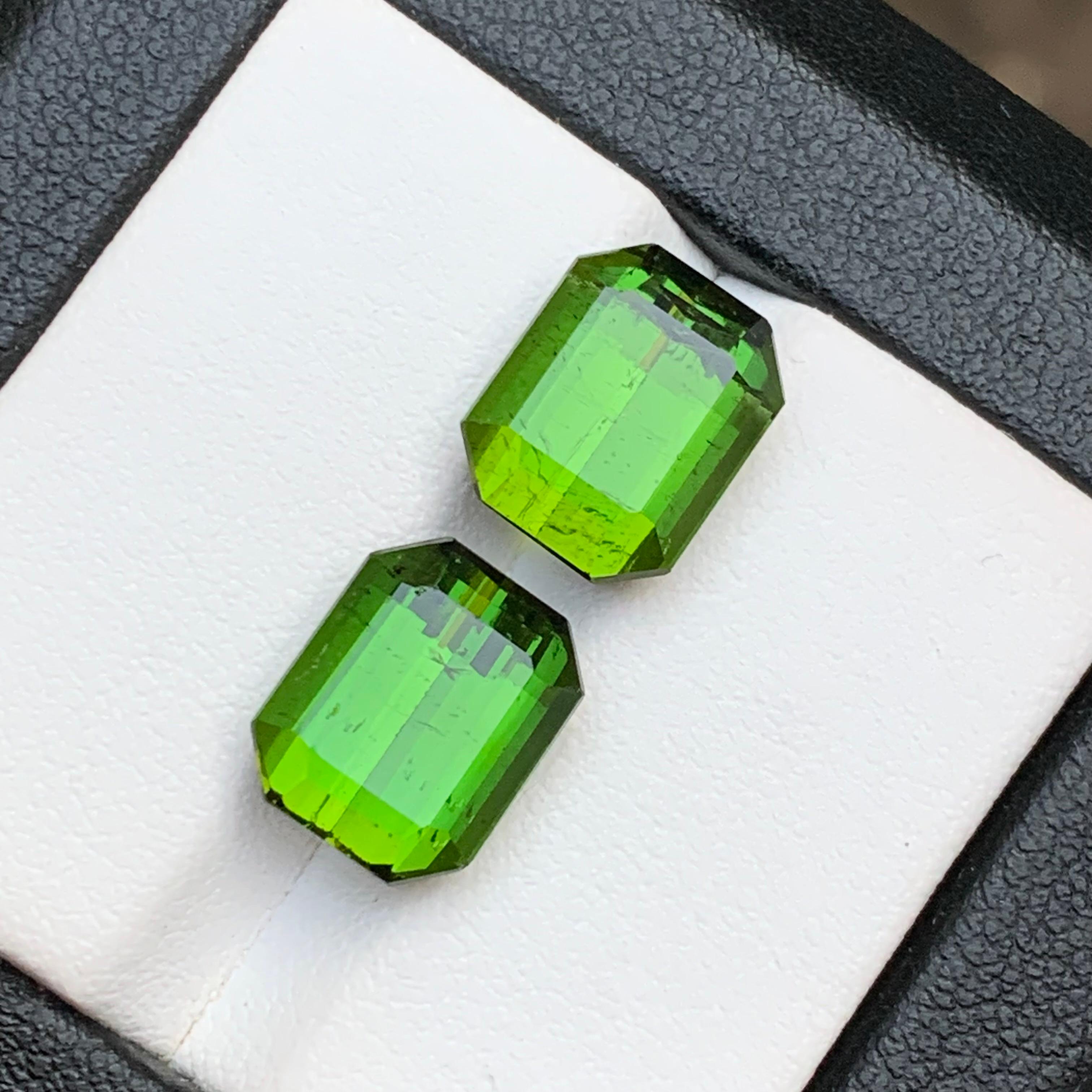 Vibrant Green Natural Tourmaline Earrings Loose Gemstone Pair 11.35 Ct Octagon For Sale 5