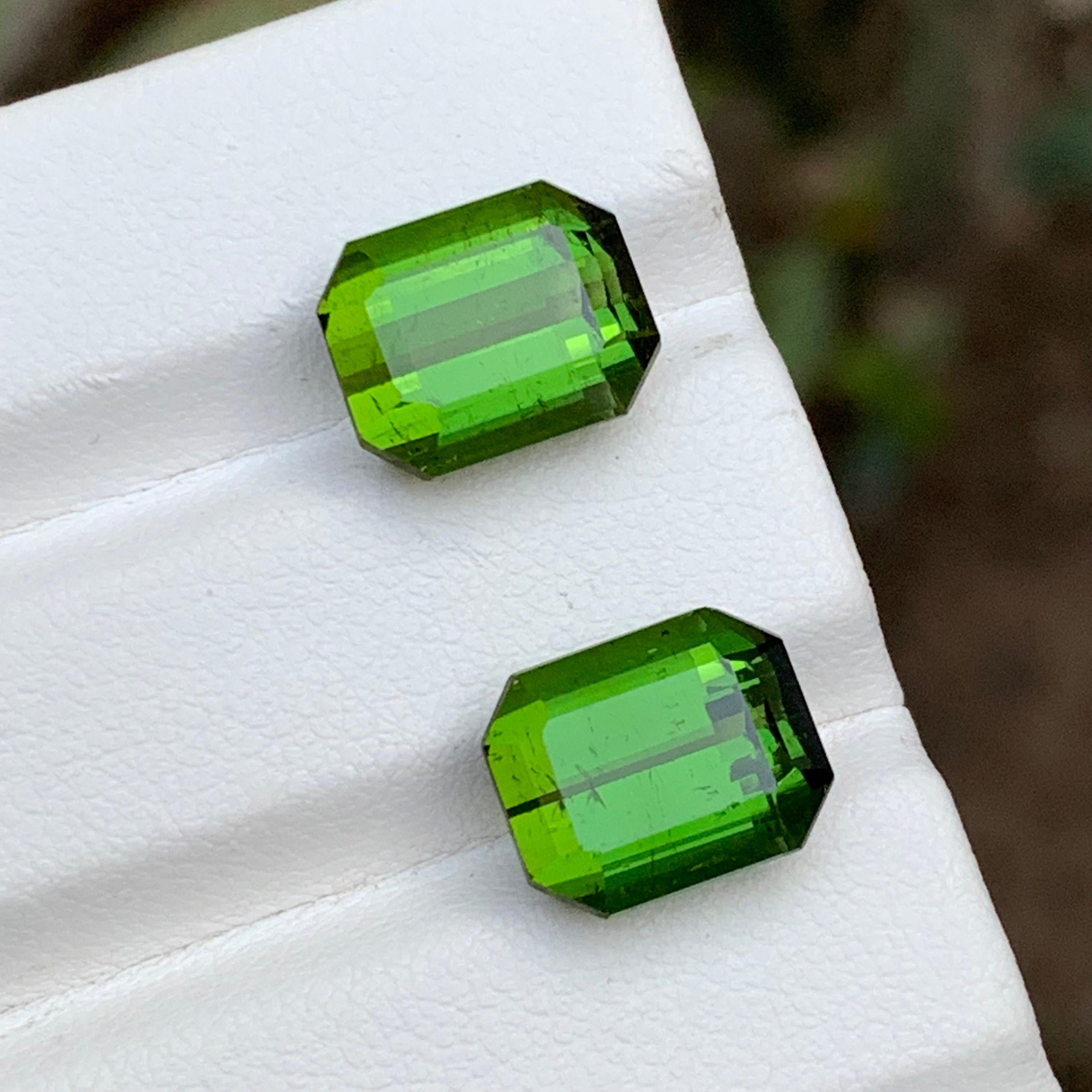 Vibrant Green Natural Tourmaline Earrings Loose Gemstone Pair 11.35 Ct Octagon For Sale 6