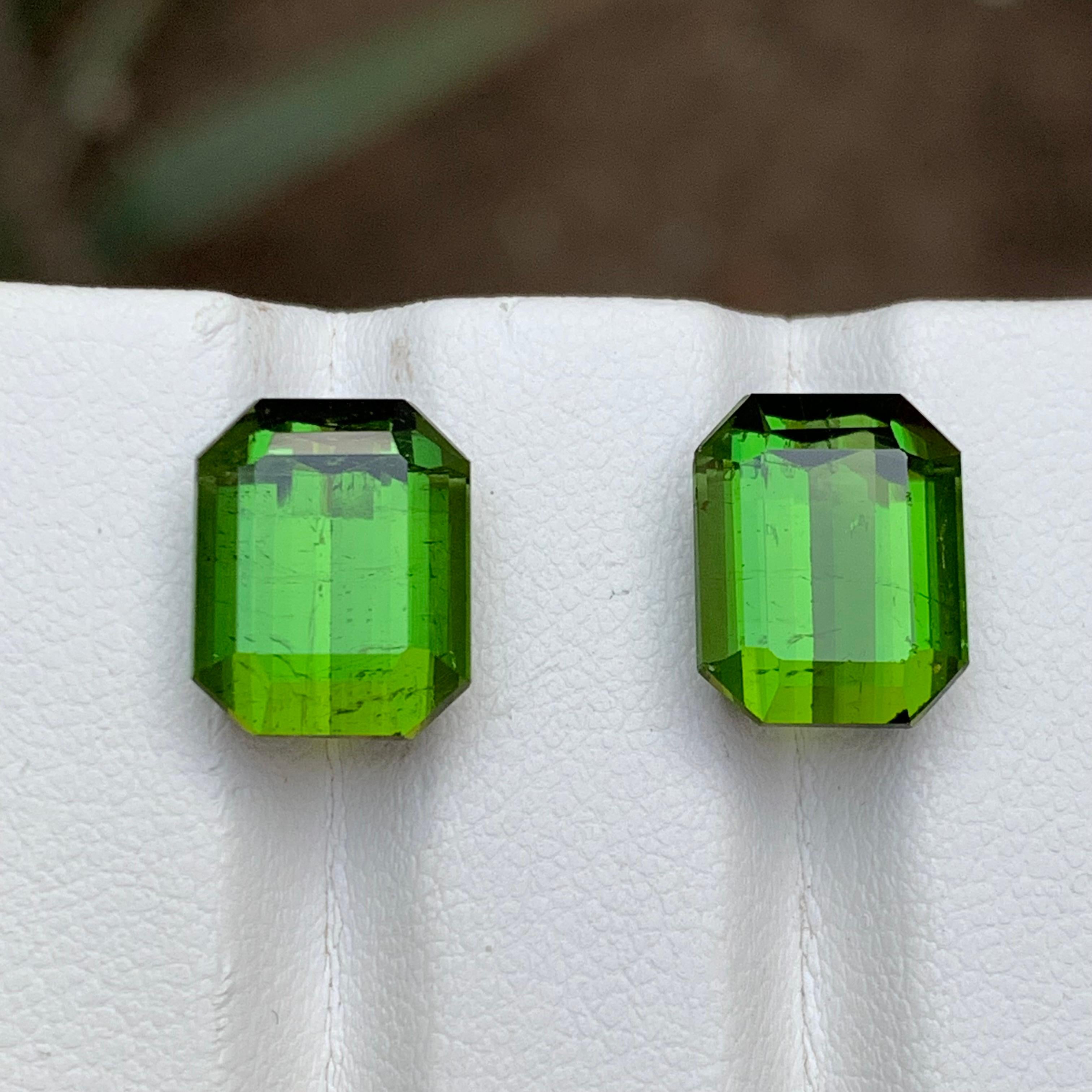 Vibrant Green Natural Tourmaline Earrings Loose Gemstone Pair 11.35 Ct Octagon For Sale 7