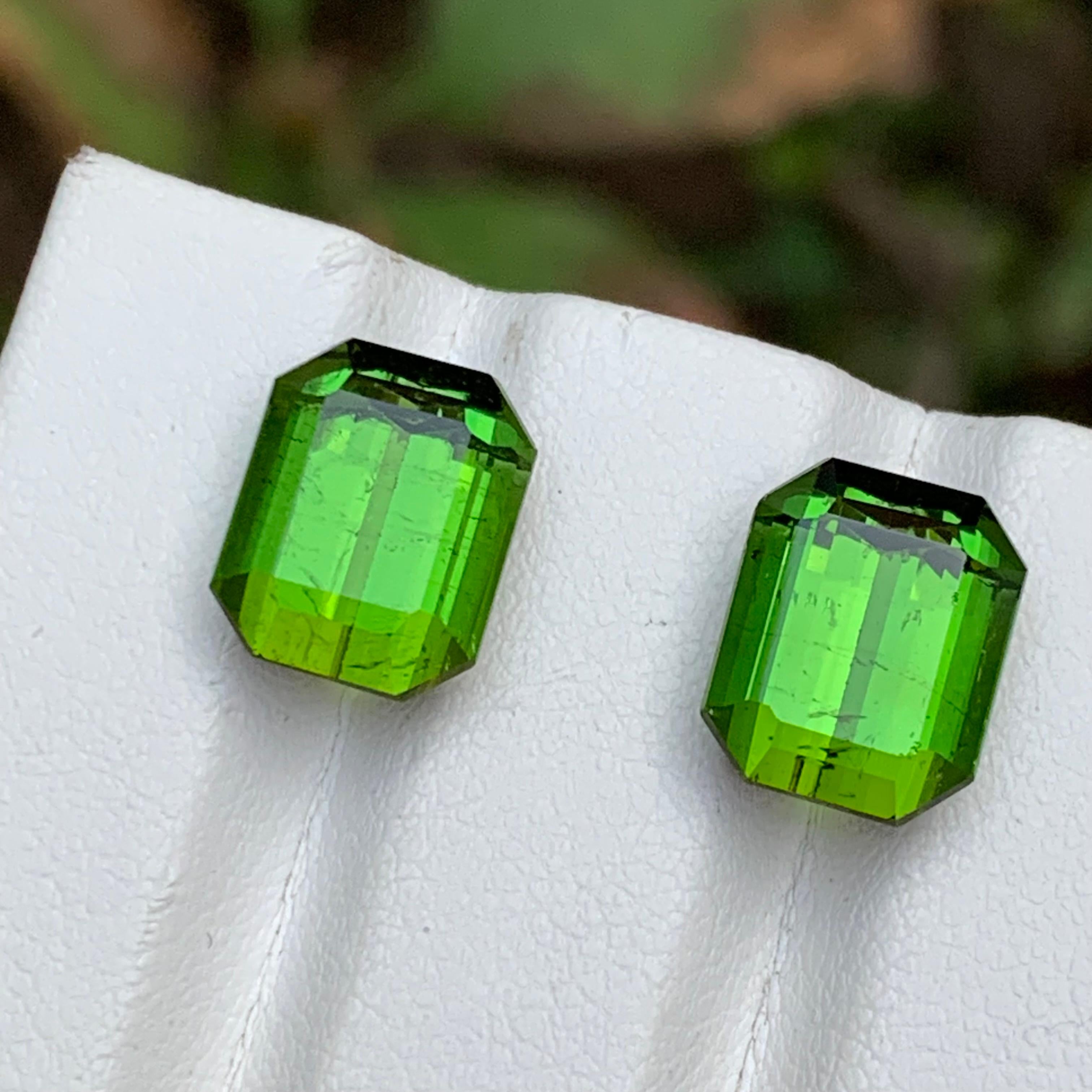 Contemporary Vibrant Green Natural Tourmaline Earrings Loose Gemstone Pair 11.35 Ct Octagon For Sale