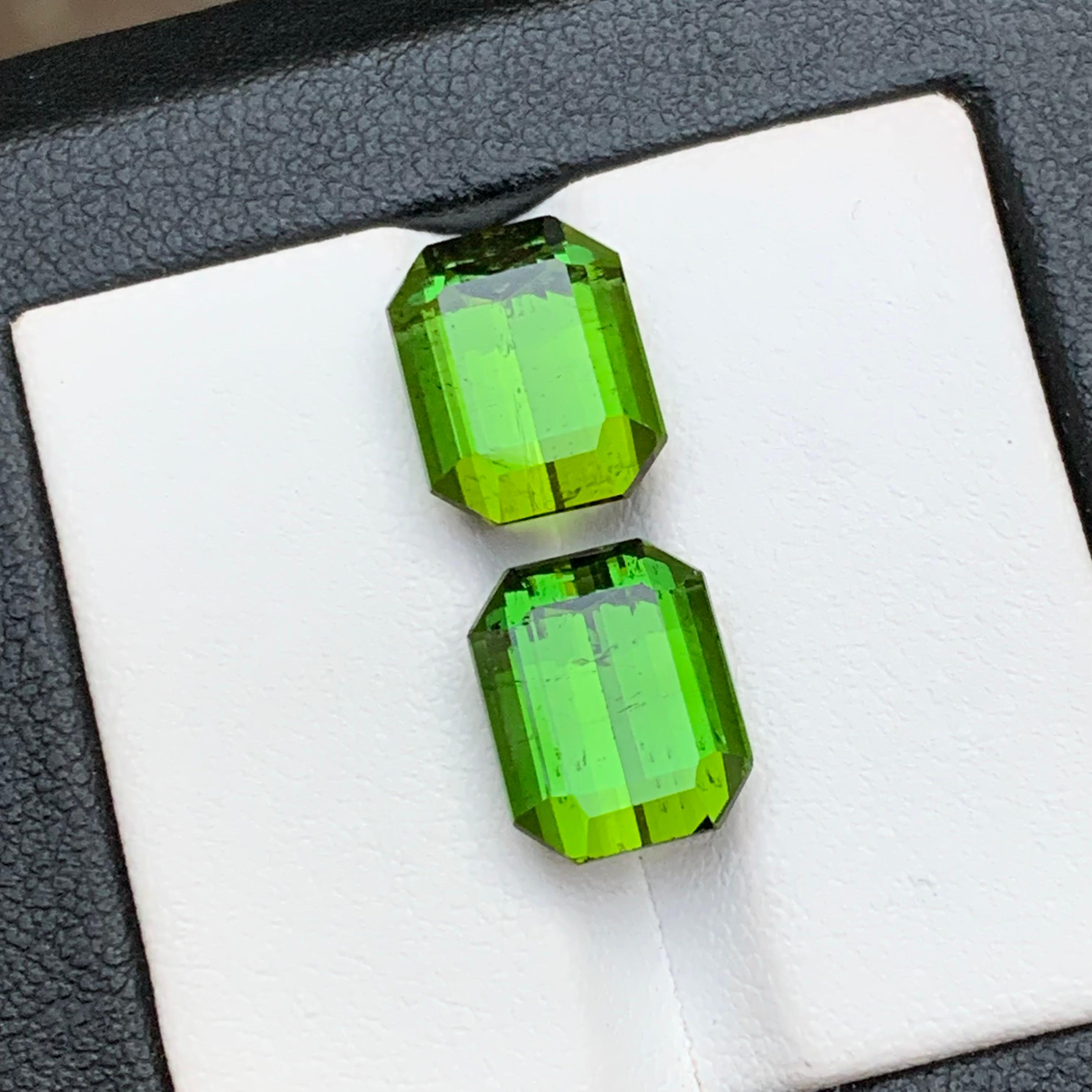 Emerald Cut Vibrant Green Natural Tourmaline Earrings Loose Gemstone Pair 11.35 Ct Octagon For Sale