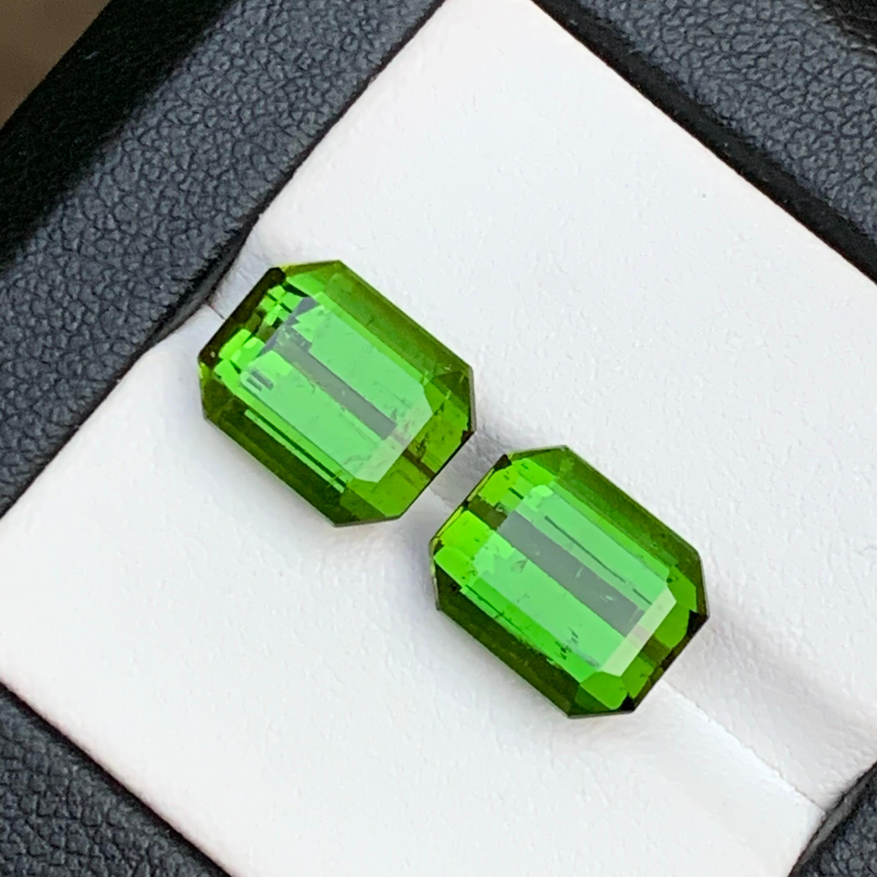 Women's or Men's Vibrant Green Natural Tourmaline Earrings Loose Gemstone Pair 11.35 Ct Octagon For Sale