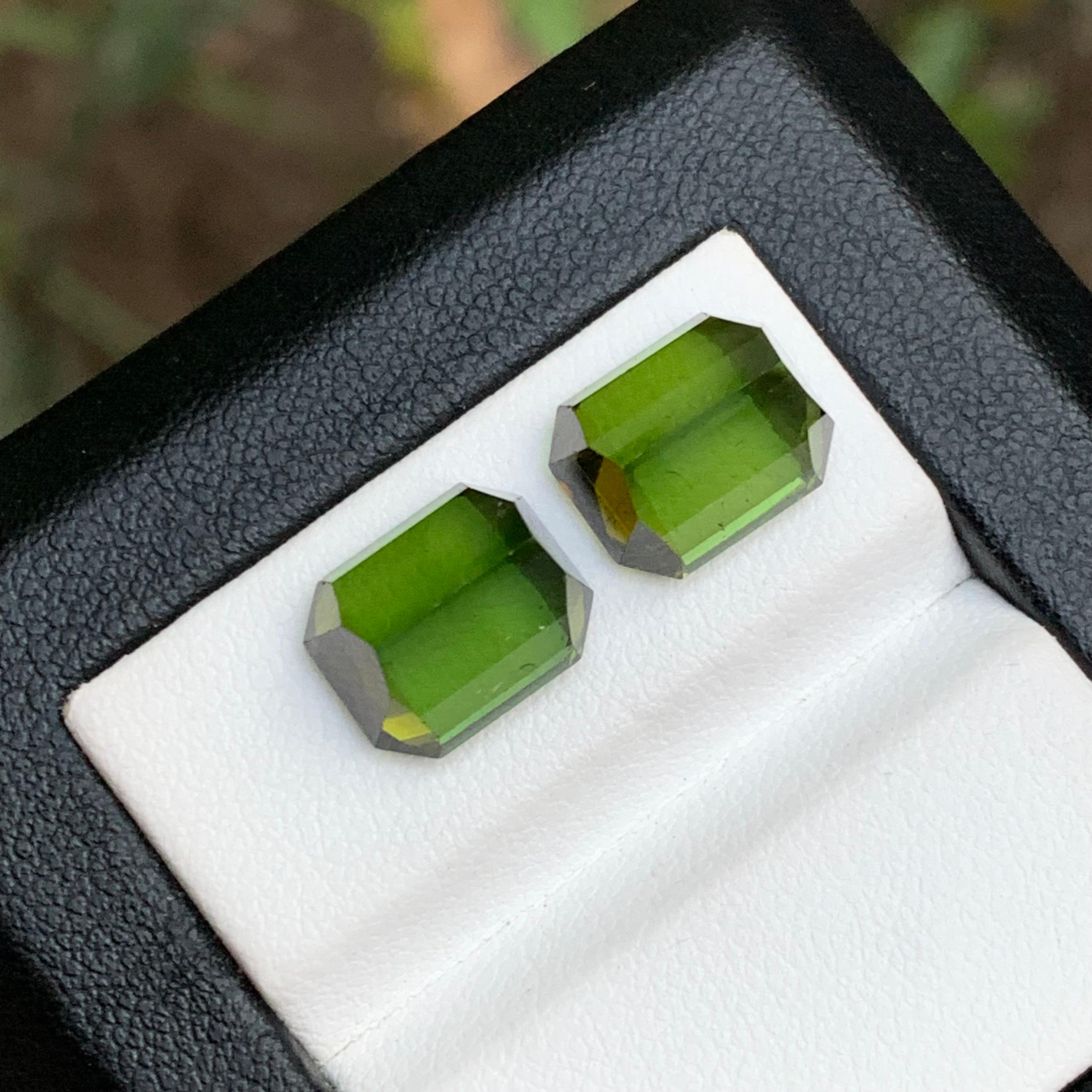 Vibrant Green Natural Tourmaline Earrings Loose Gemstone Pair 11.35 Ct Octagon For Sale 1
