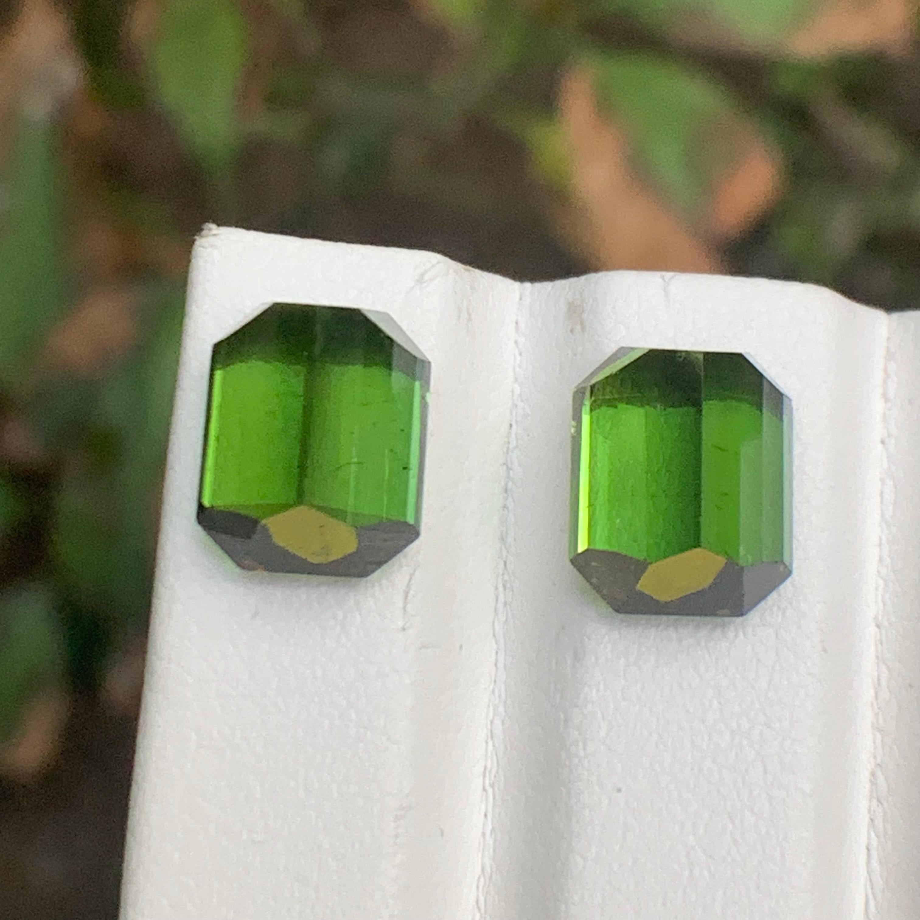 Vibrant Green Natural Tourmaline Earrings Loose Gemstone Pair 11.35 Ct Octagon For Sale 2