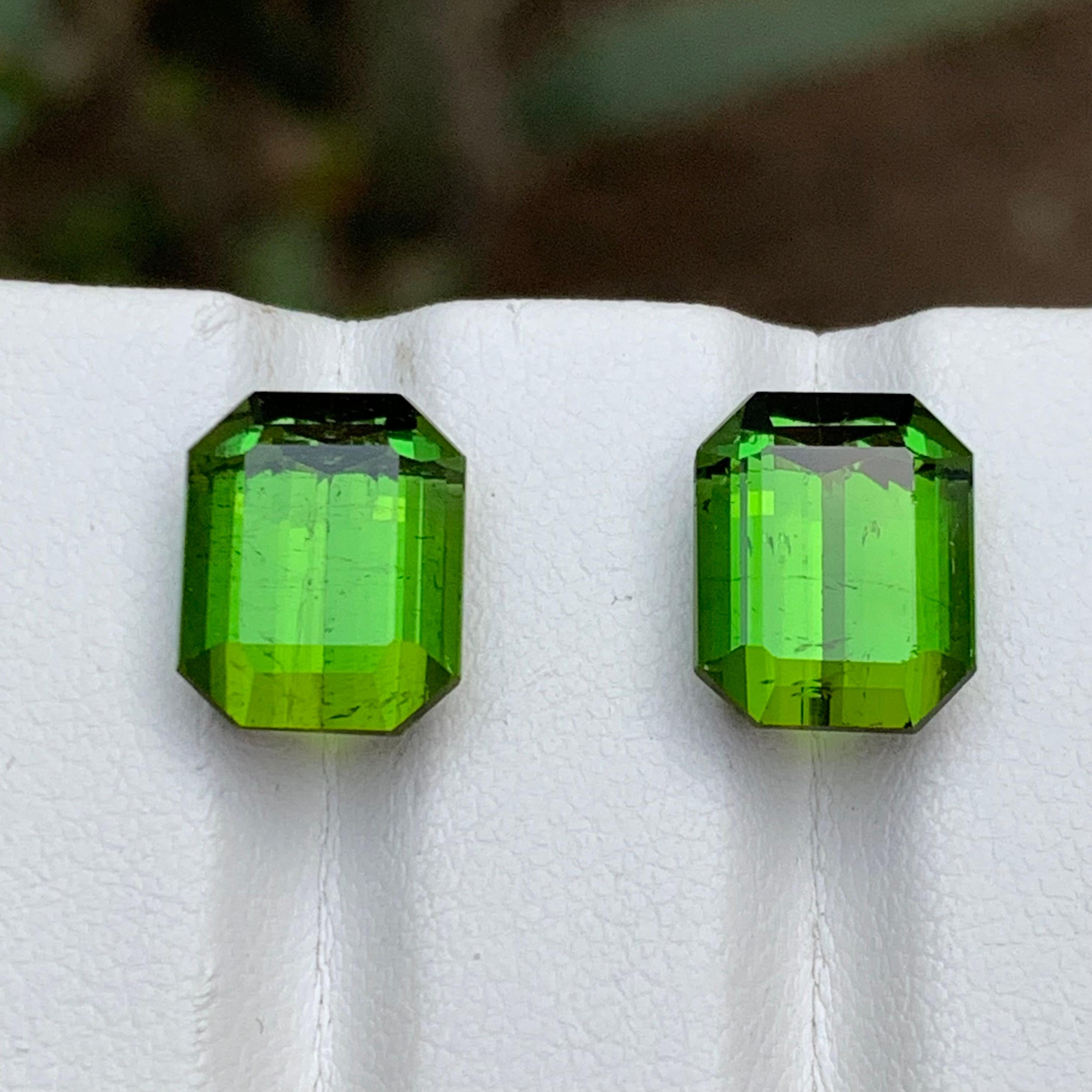 Vibrant Green Natural Tourmaline Earrings Loose Gemstone Pair 11.35 Ct Octagon For Sale 3
