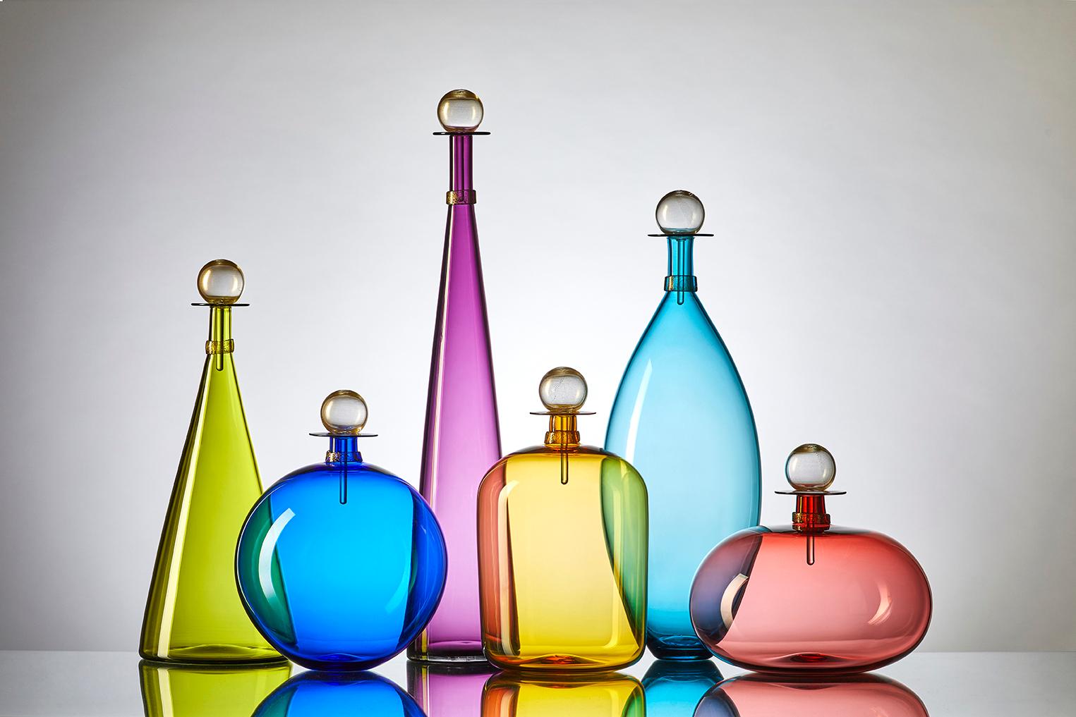 Contemporary Set of Three Blown Glass Bottles in Vibrant Jewel Tones by Vetro Vero For Sale