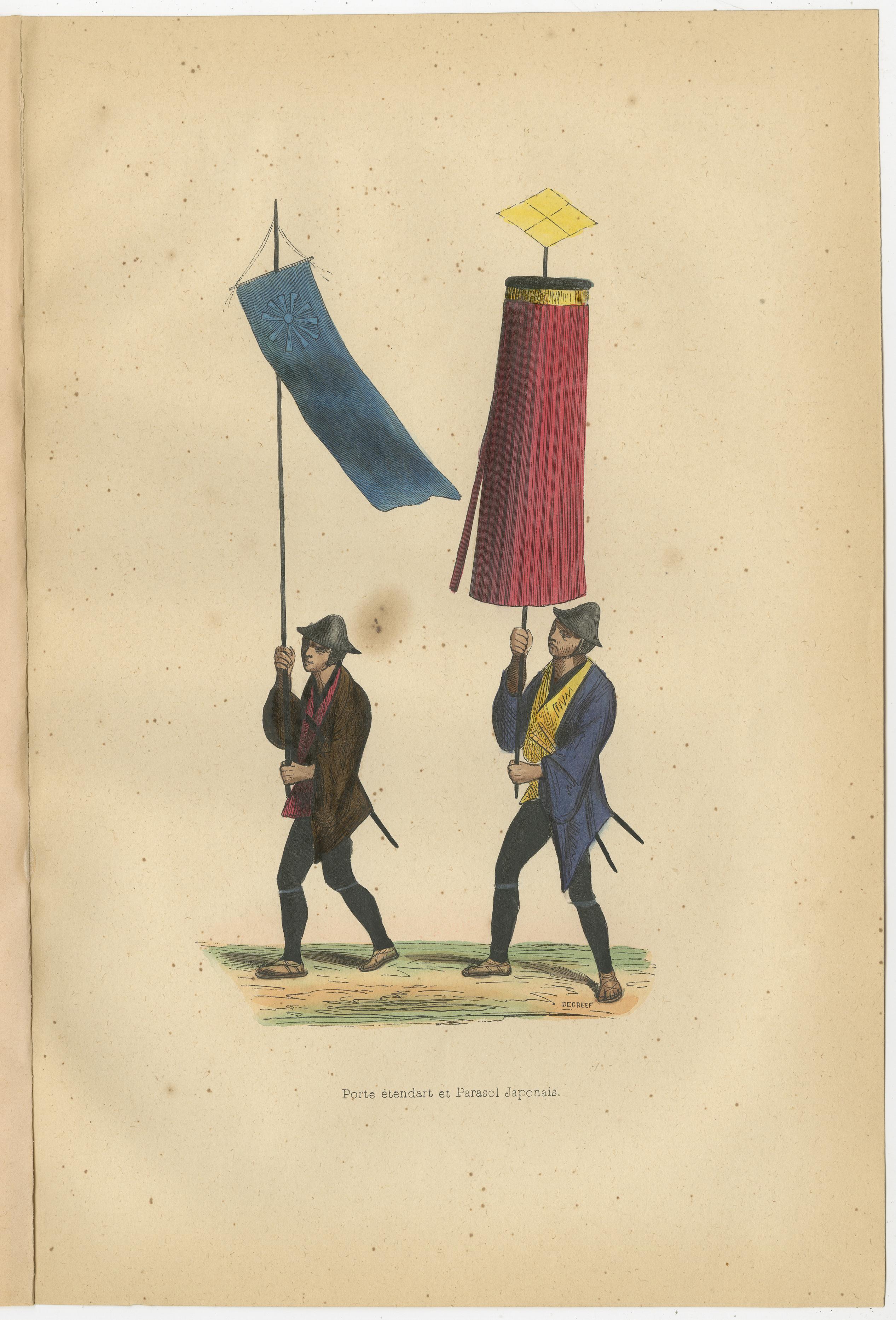 Metà XIX secolo Vibranti rappresentazioni colorate a mano di costumi giapponesi del 1844 in vendita