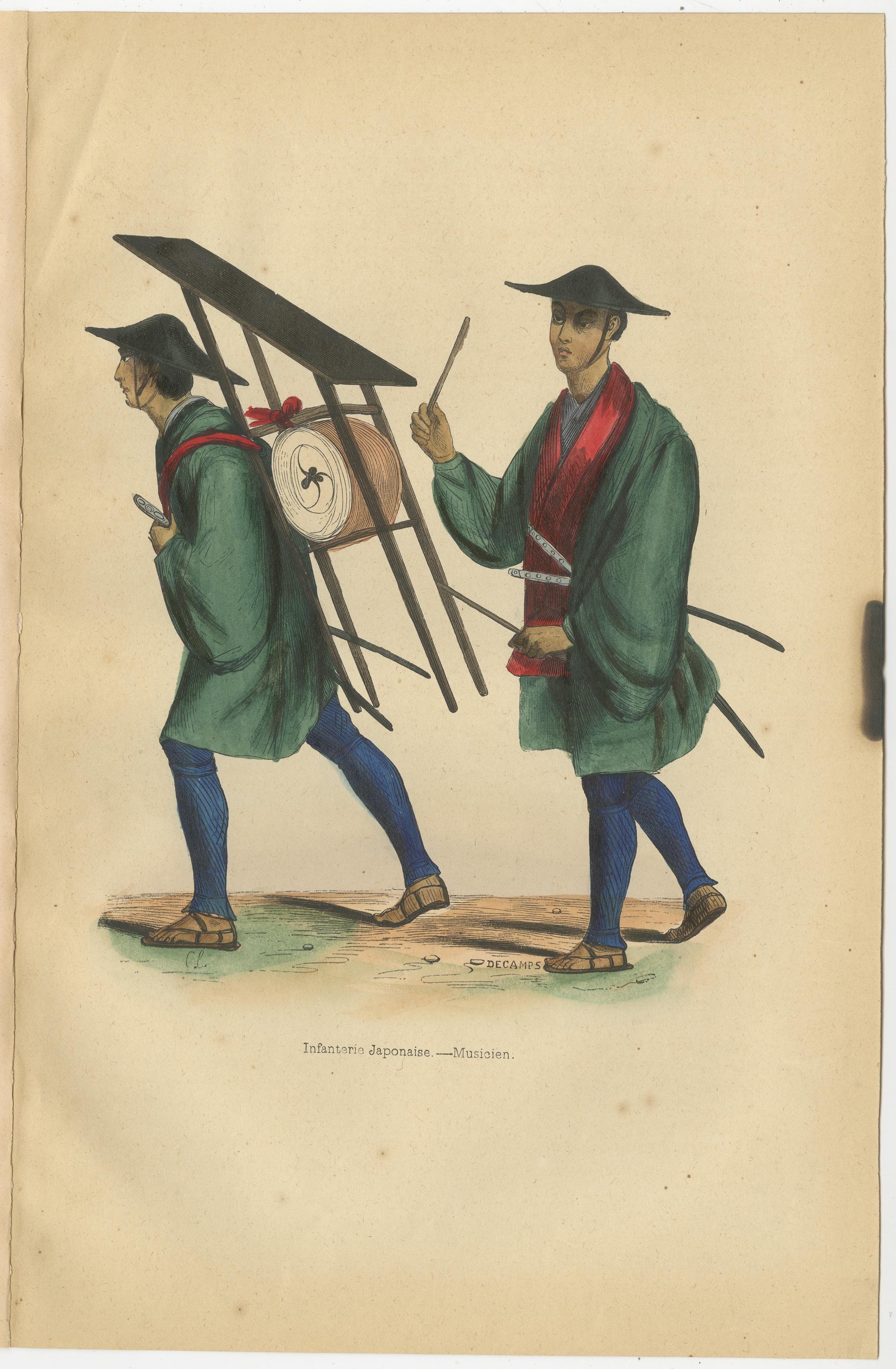 Carta Vibranti rappresentazioni colorate a mano di costumi giapponesi del 1844 in vendita
