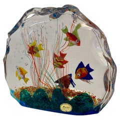 Vibrant, Heavy Murano Glass Aquarium Sculpture with Multicolored Millefiori Fish