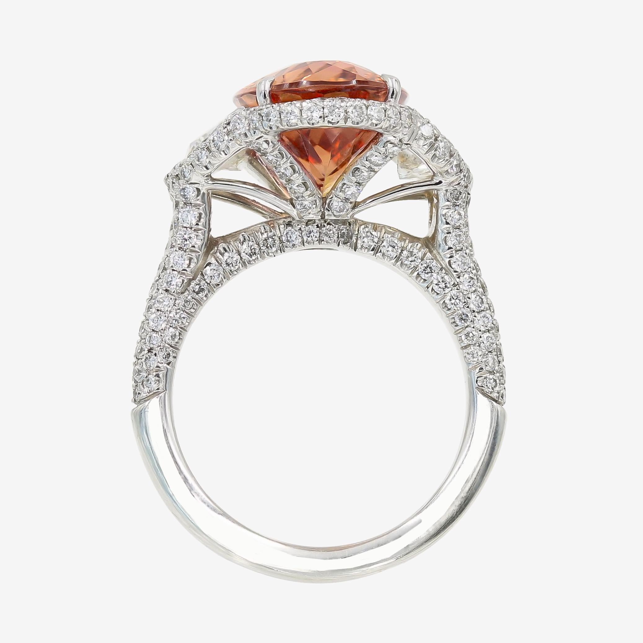 Contemporary Vibrant Imperial Topaz Ring with Half Moon Cut and Round Diamonds in Platinum For Sale