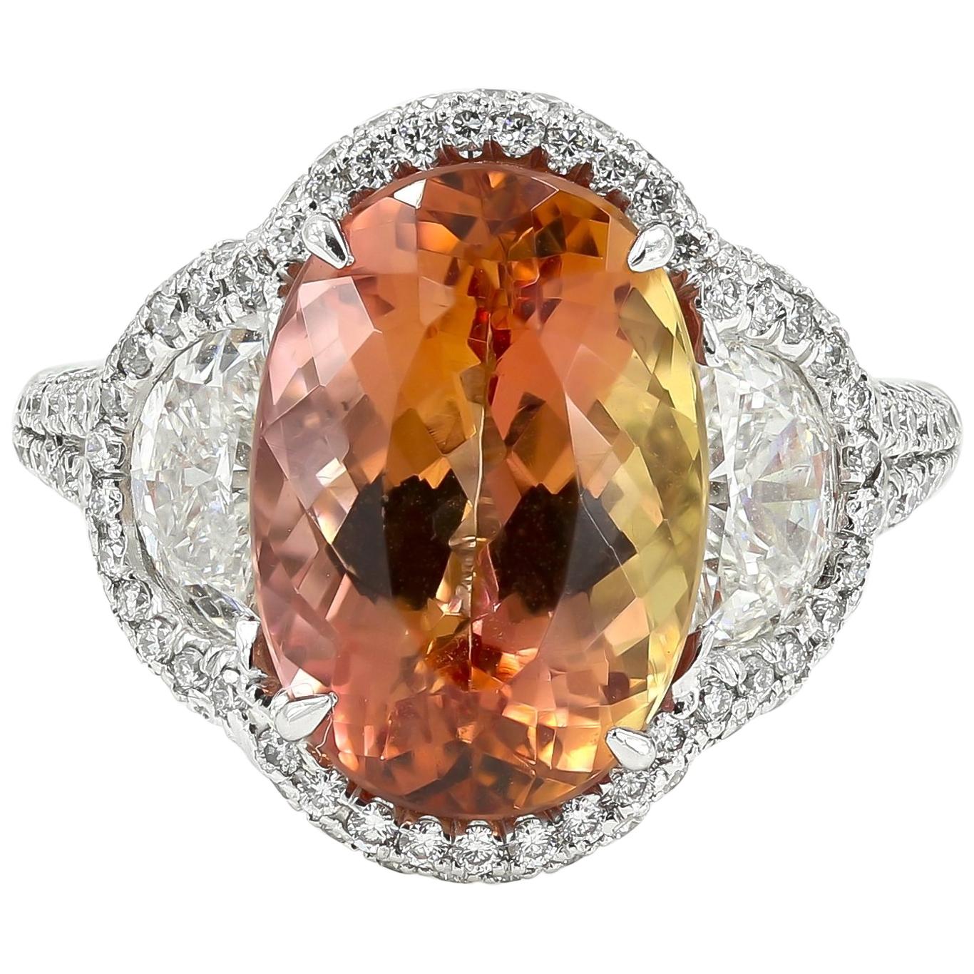 Vibrant Imperial Topaz Ring with Half Moon Cut and Round Diamonds in Platinum For Sale