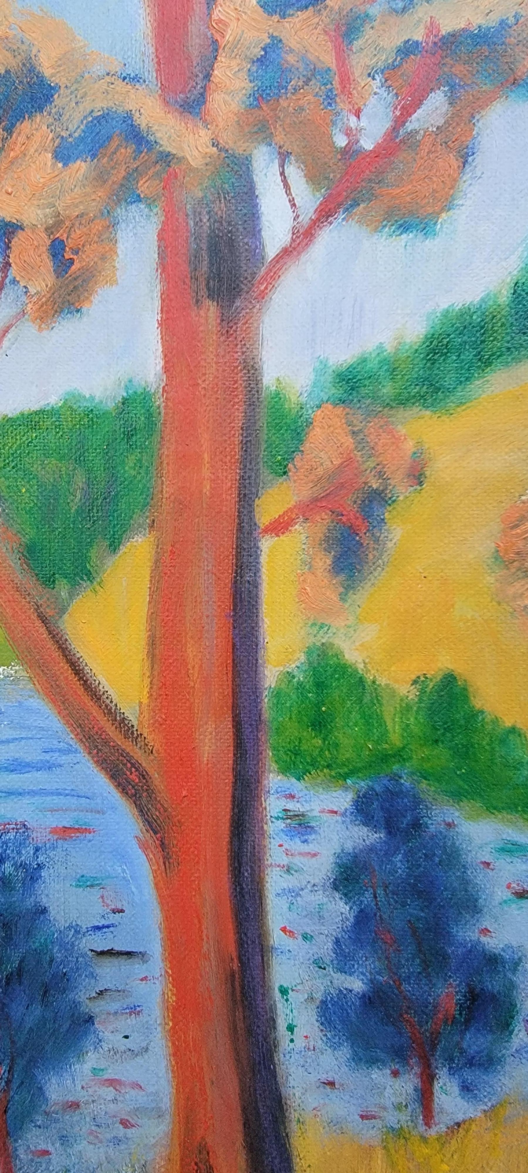 Vibrant impressionistic style oil painting on canvas board signed A. Fry. Bold brush strokes and colors. Hills and trees surrounding a lake with a pier in background. 20th century. Framed.