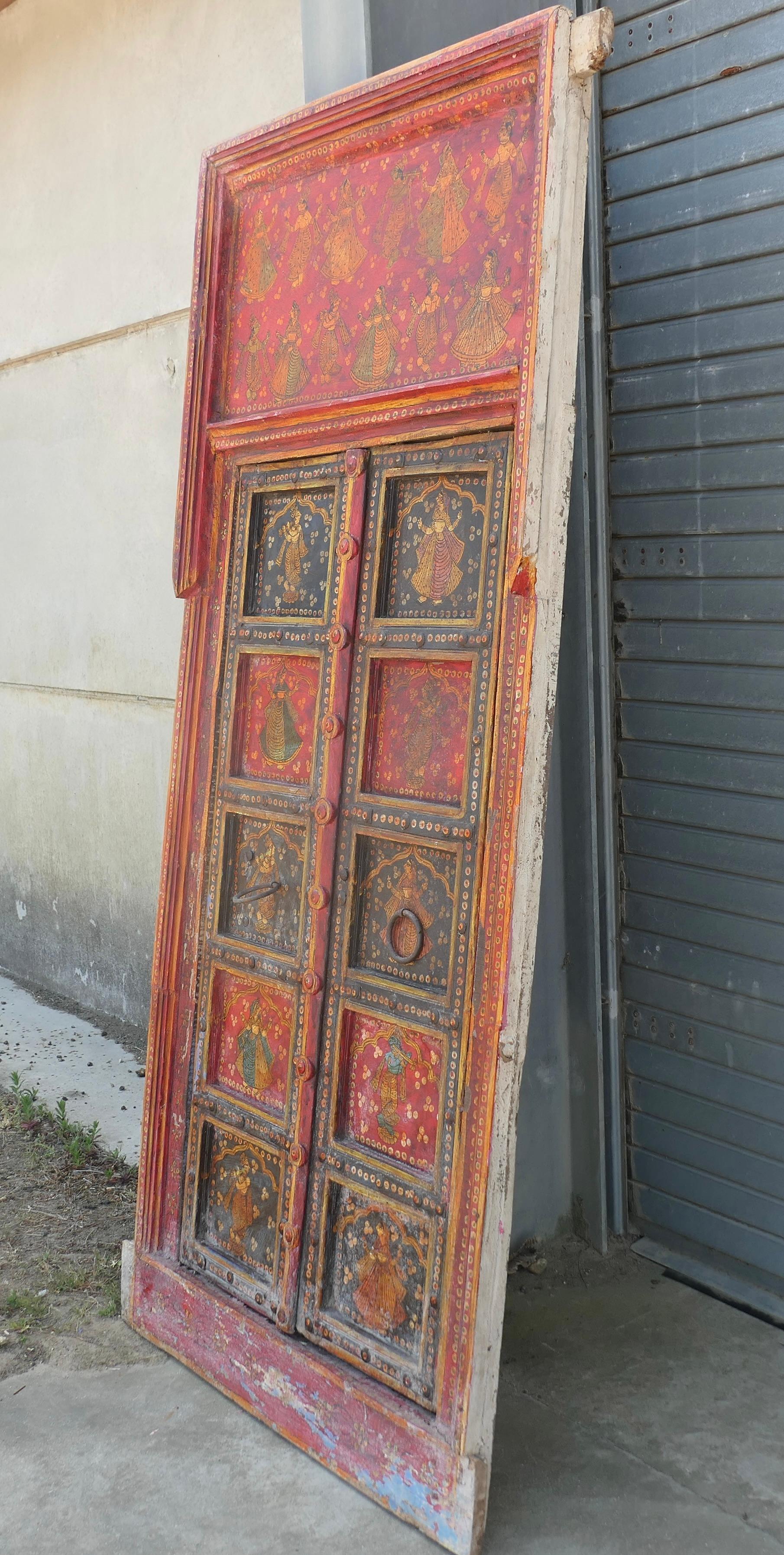 XIX secolo Porte dipinte in stile indiano con cornice originale, arte da parete in vendita