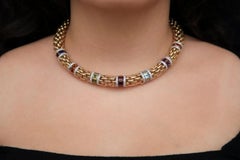 Vibrant Italian 18K Solid Gold Choker with Rainbow Gems and 7ct White Diamonds