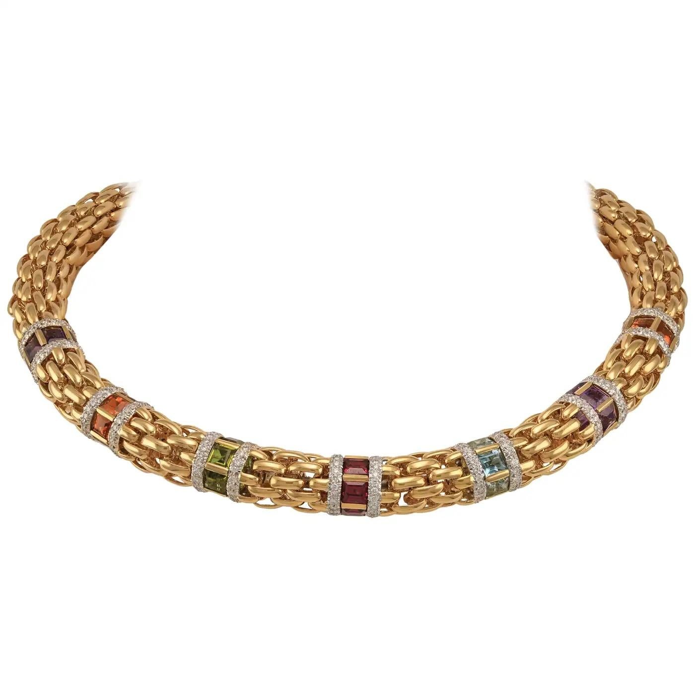Lebendige italienische Halskette aus massivem 18-karätigem Gold mit Rainbow Edelsteinen und 7 Karat weißen Diamanten (Zeitgenössisch) im Angebot