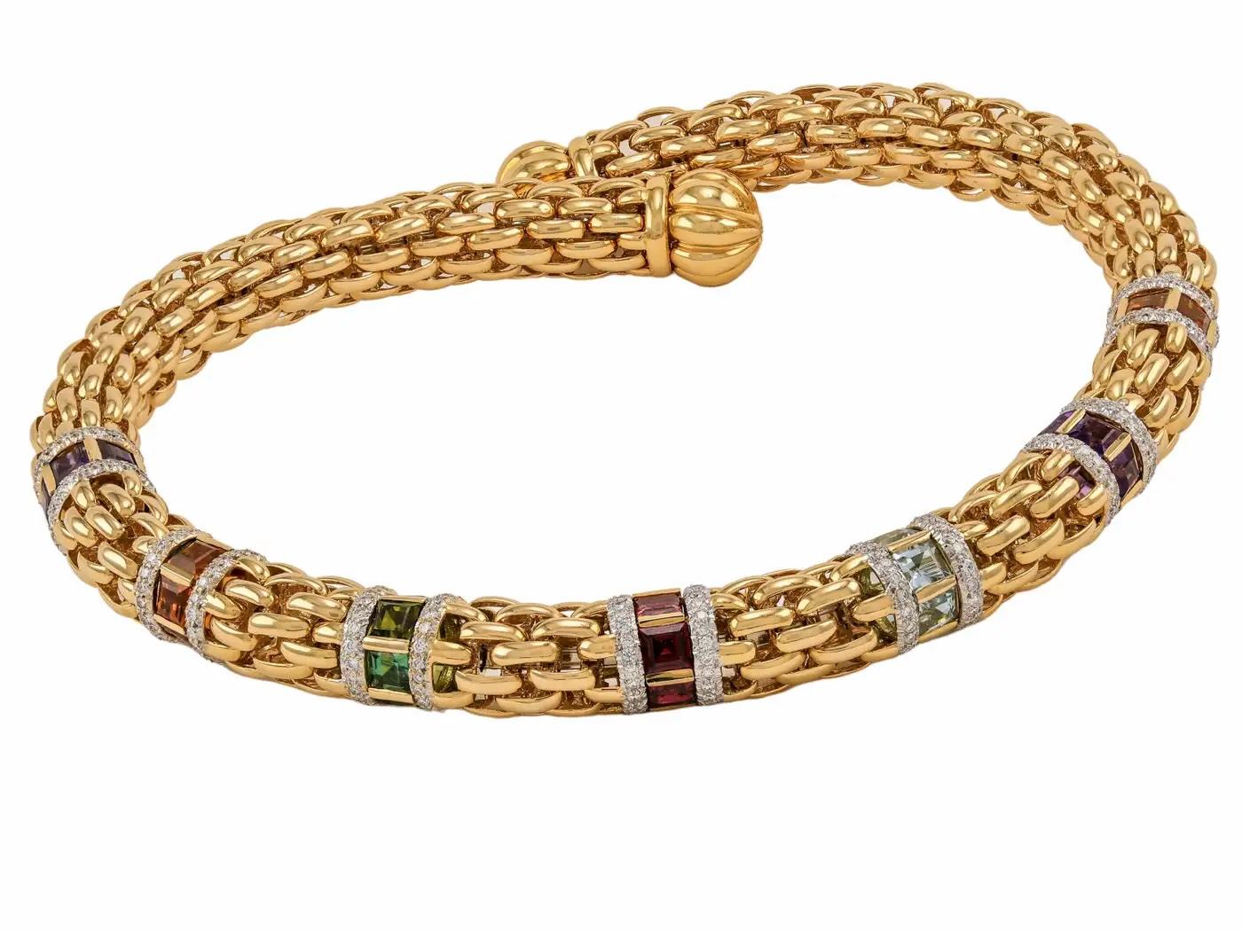 Lebendige italienische Halskette aus massivem 18-karätigem Gold mit Rainbow Edelsteinen und 7 Karat weißen Diamanten im Zustand „Neu“ im Angebot in Great Neck, NY