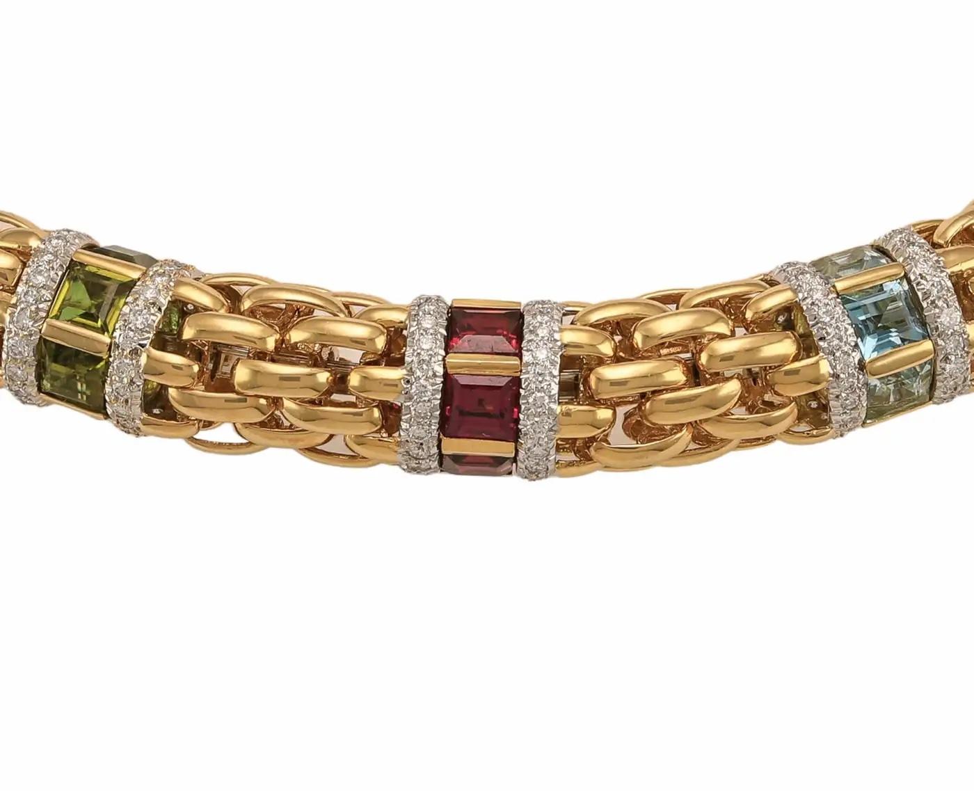 Lebendige italienische Halskette aus massivem 18-karätigem Gold mit Rainbow Edelsteinen und 7 Karat weißen Diamanten Damen im Angebot