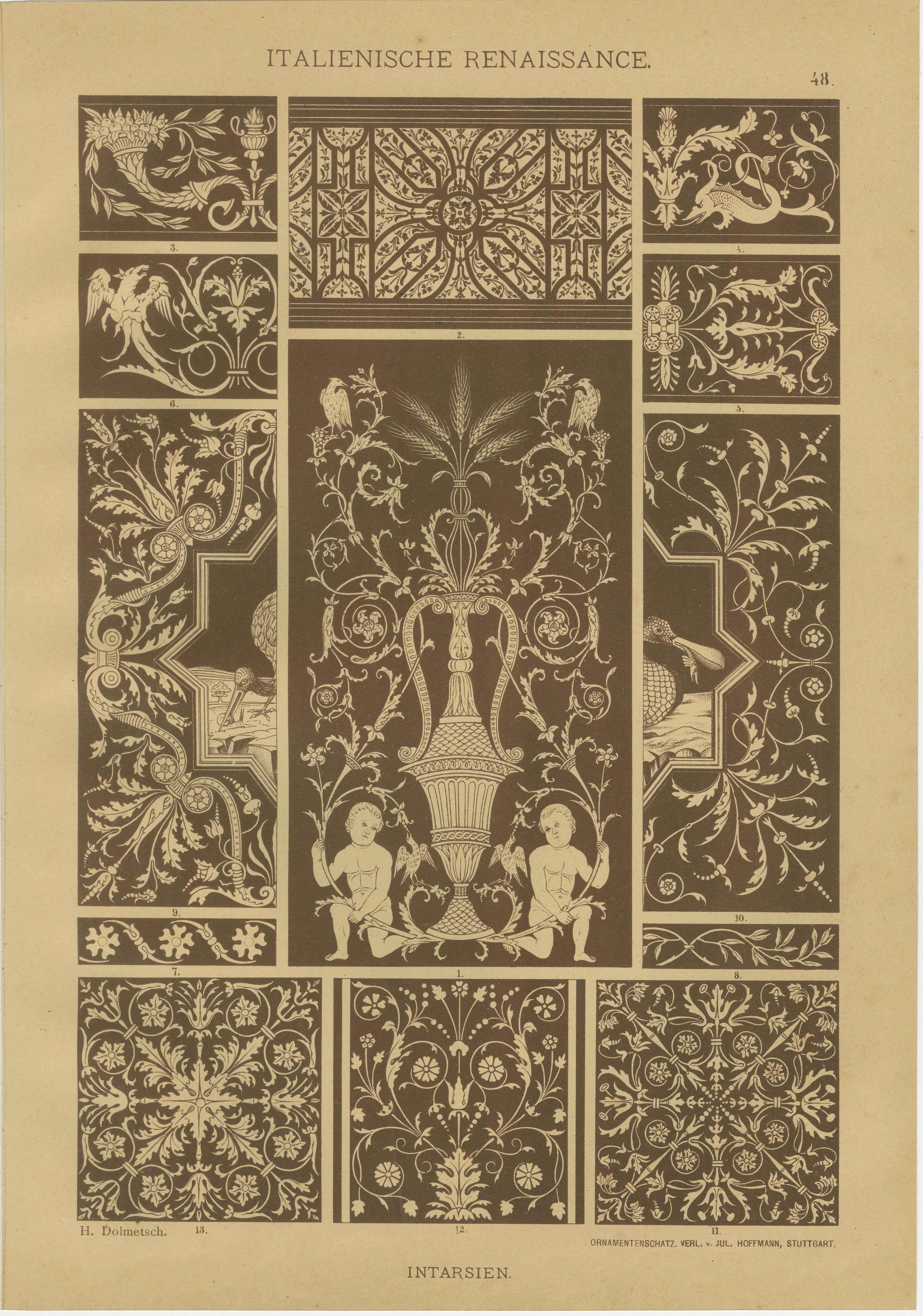 Gravures de design de la Renaissance italienne par H. Dolmetsch de Ornamentenschatz, vers 1880

Cet ensemble d'estampes anciennes originales provient du célèbre Arte Antiques (Trésor de l'ornement), l'une des publications d'arts décoratifs les plus