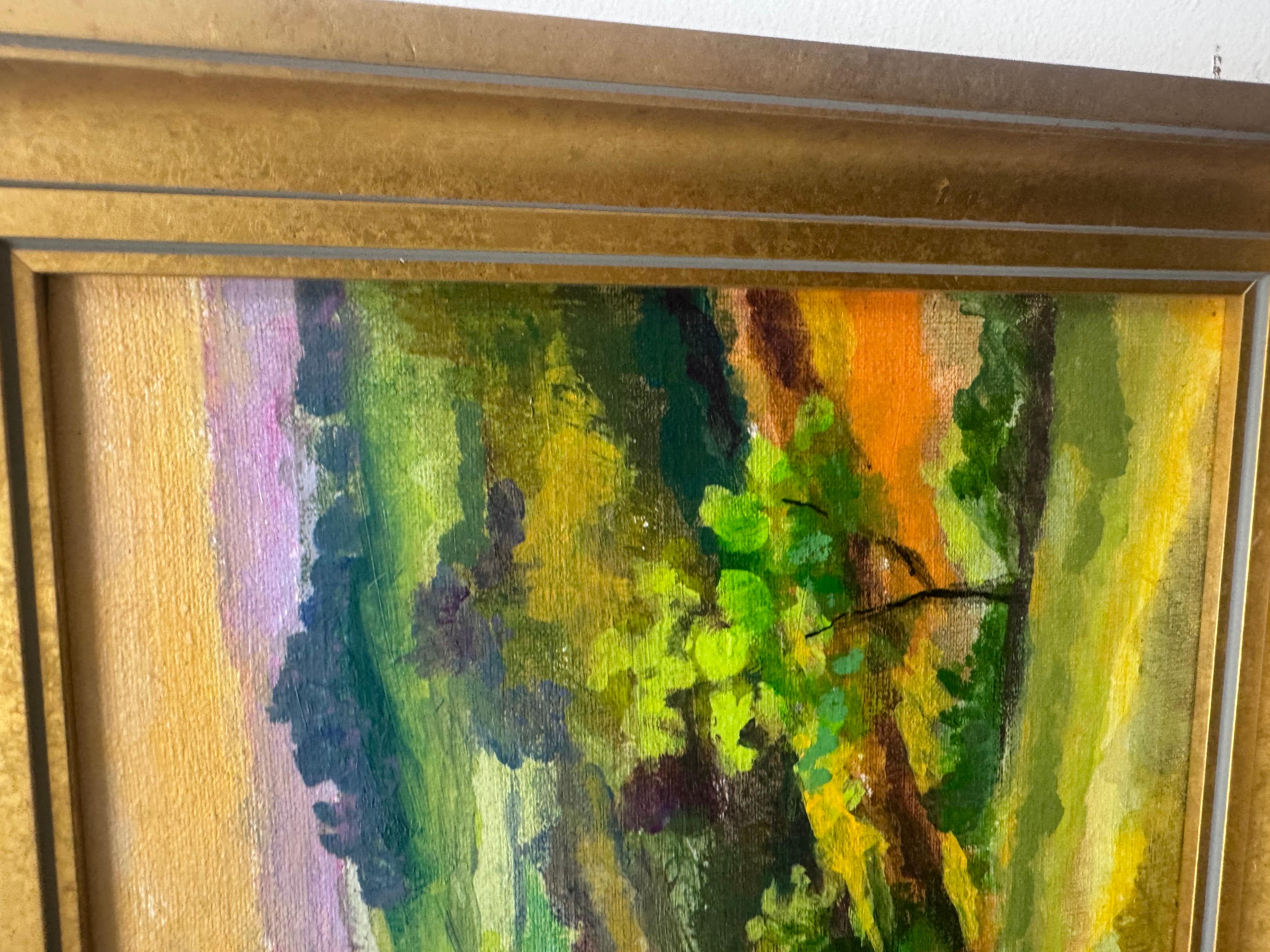 Vibrant Landscape Oil on Board by E.M. Kaufman - Framed Pintura en venta
