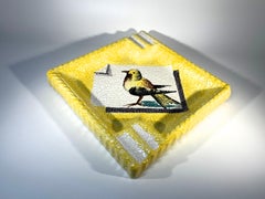 Vibrant Lemon Textured Glaze, Hand Painted Songbird Italian Ceramic Ashtray