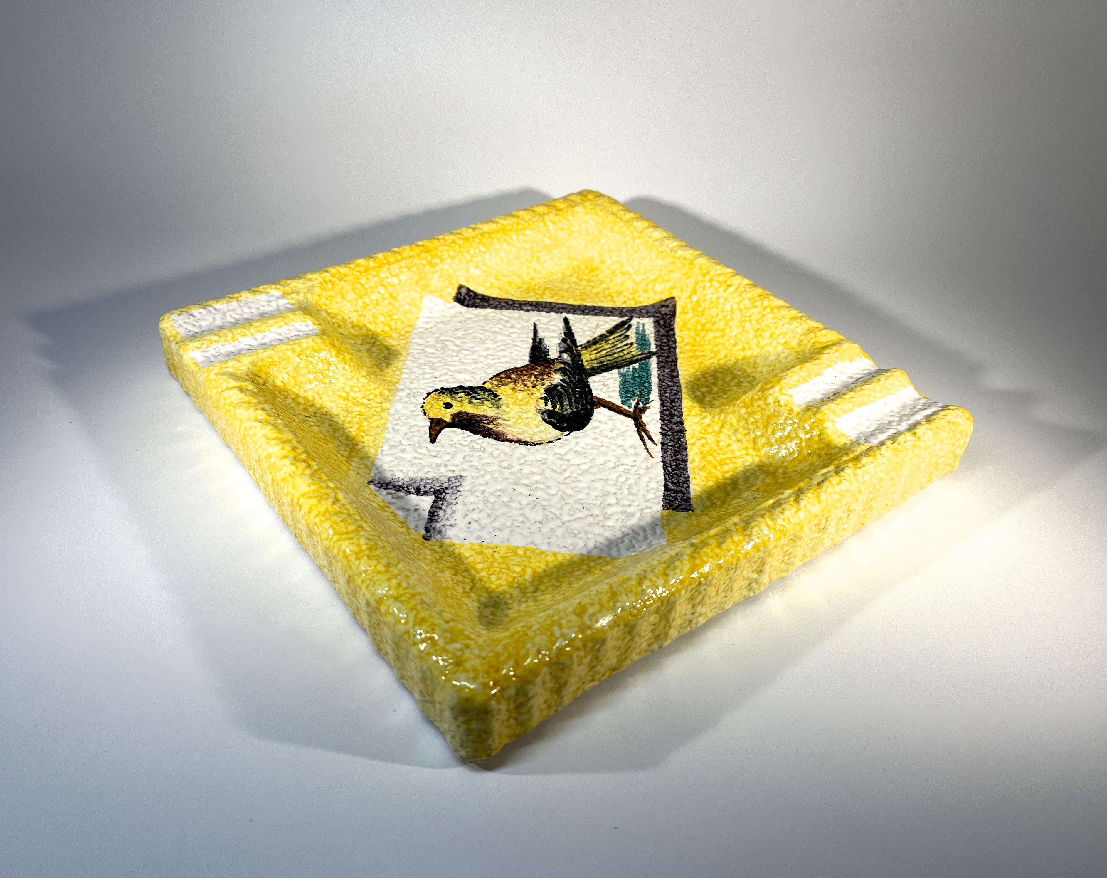 Vibrant Lemon Textured Glaze, Hand Painted Songbird Italian Ceramic Ashtray  For Sale 1