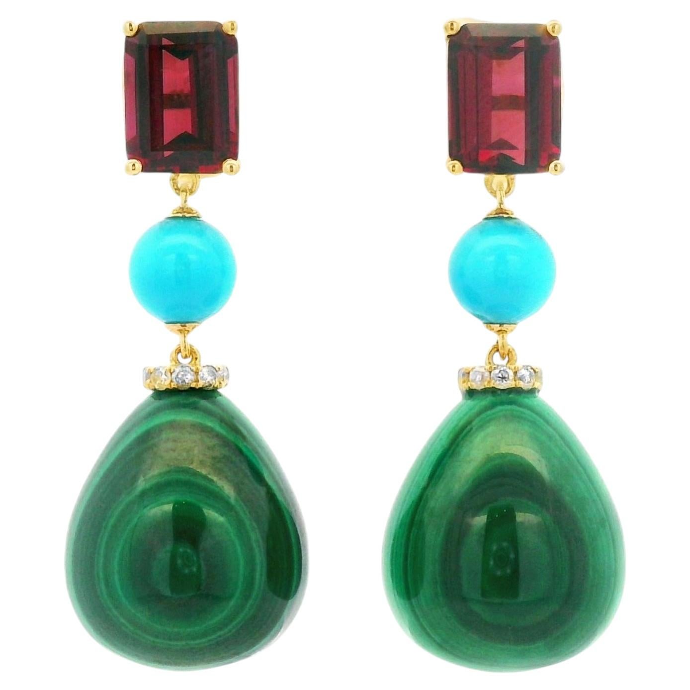 Contemporary 14K Yellow Gold Malachite Garnet Turquoise Drop Earrings