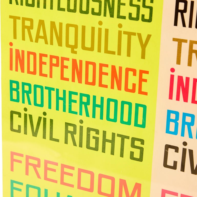 Original silk screen handmade print on paper. Seven foundational values—Freedom, Equality, Righteousness, Tranquility, Independence, Brotherhood, and Civil Rights—are each printed four times in pink, blue, black, and gold. Half appear over a white