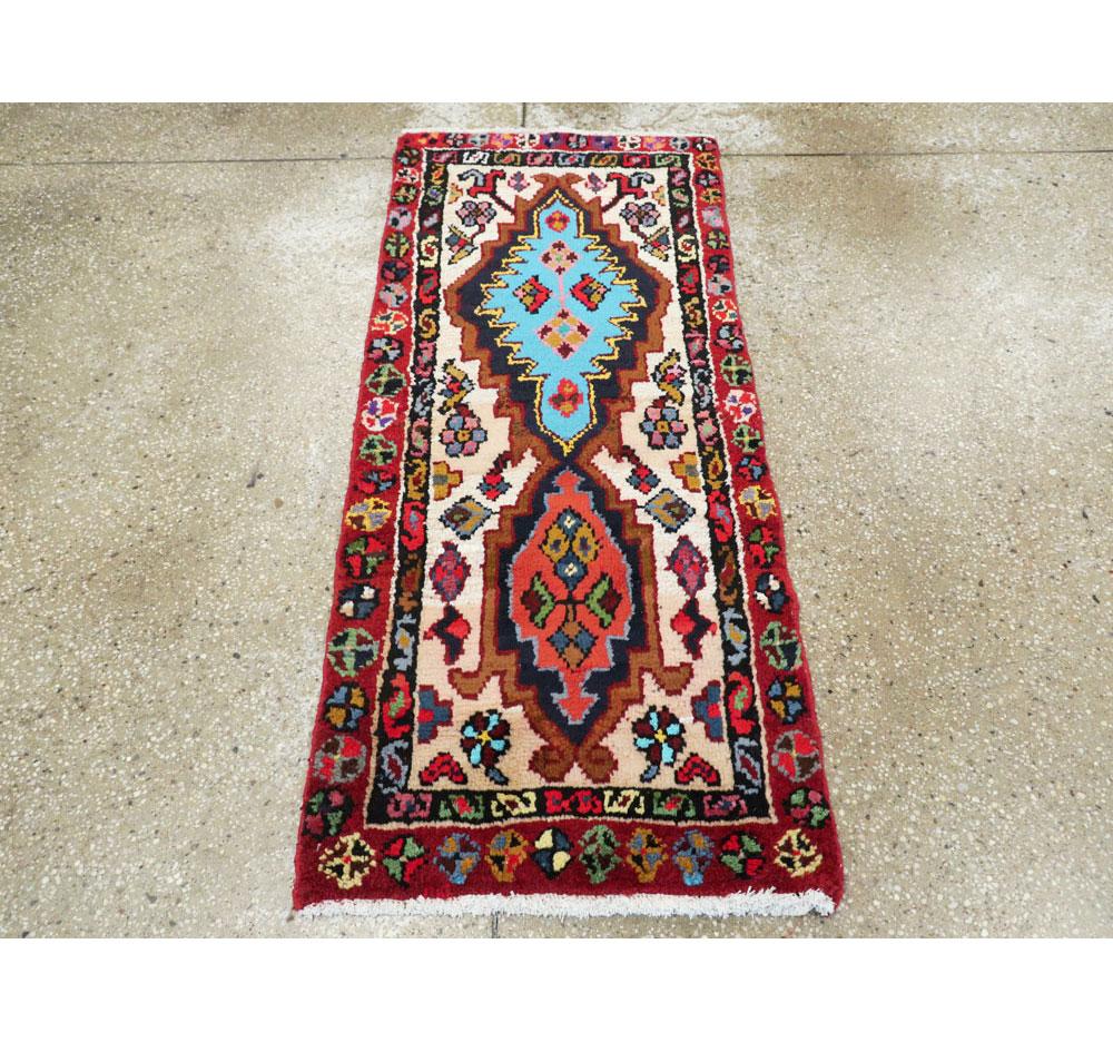 Rustic Vibrant Mid-20th Century Handmade Persian Hamadan Throw Rug For Sale
