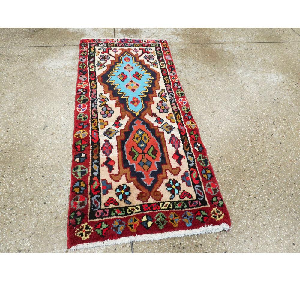 Hand-Knotted Vibrant Mid-20th Century Handmade Persian Hamadan Throw Rug For Sale