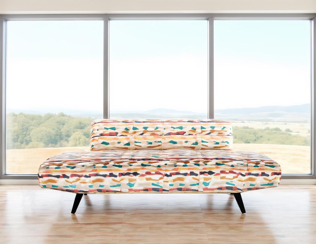 Inject a playful splash of color into your living space with this striking Mid-Century Modern sofa, reminiscent of the iconic designs of Adrian Pearsall. Crafted in the USA around the 1960s, it features angled walnut legs finished in a sleek stain