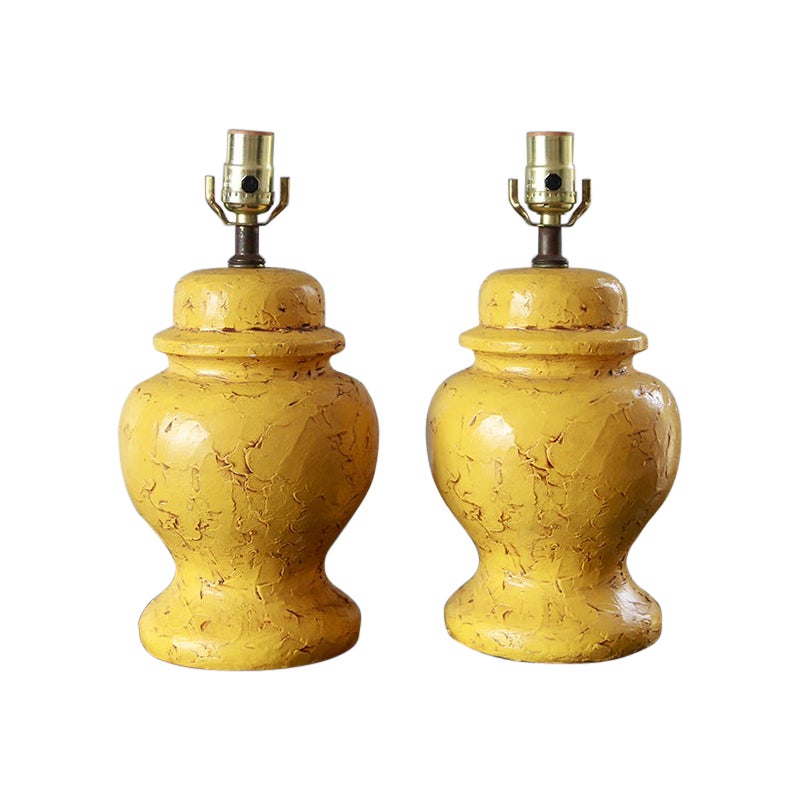 Vibrant Mid Century Pair Of Yellow Ginger Jar lamps For Sale
