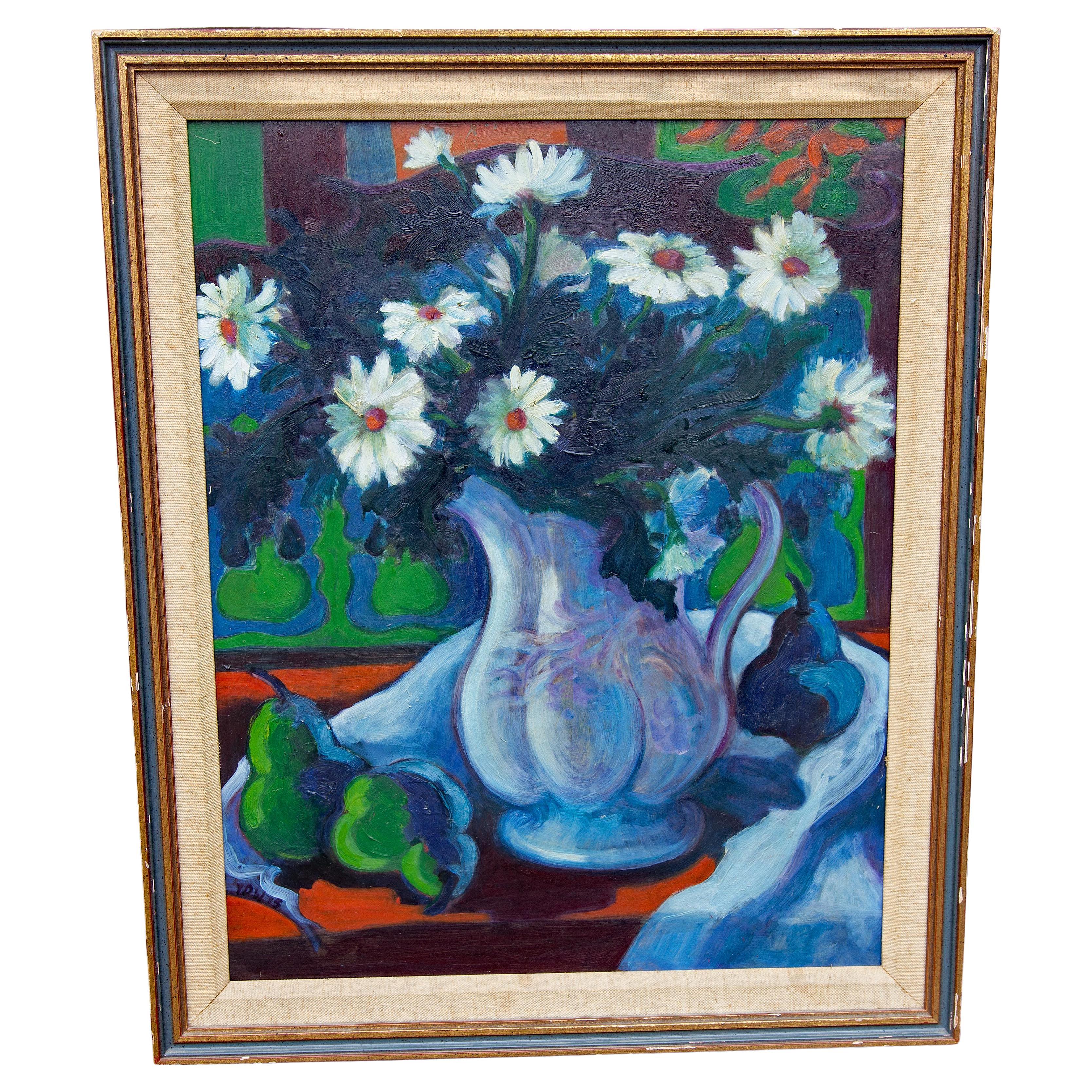 Mid century impressionist still life painting. Brilliant colors. Pears and daises. Monogrammed 