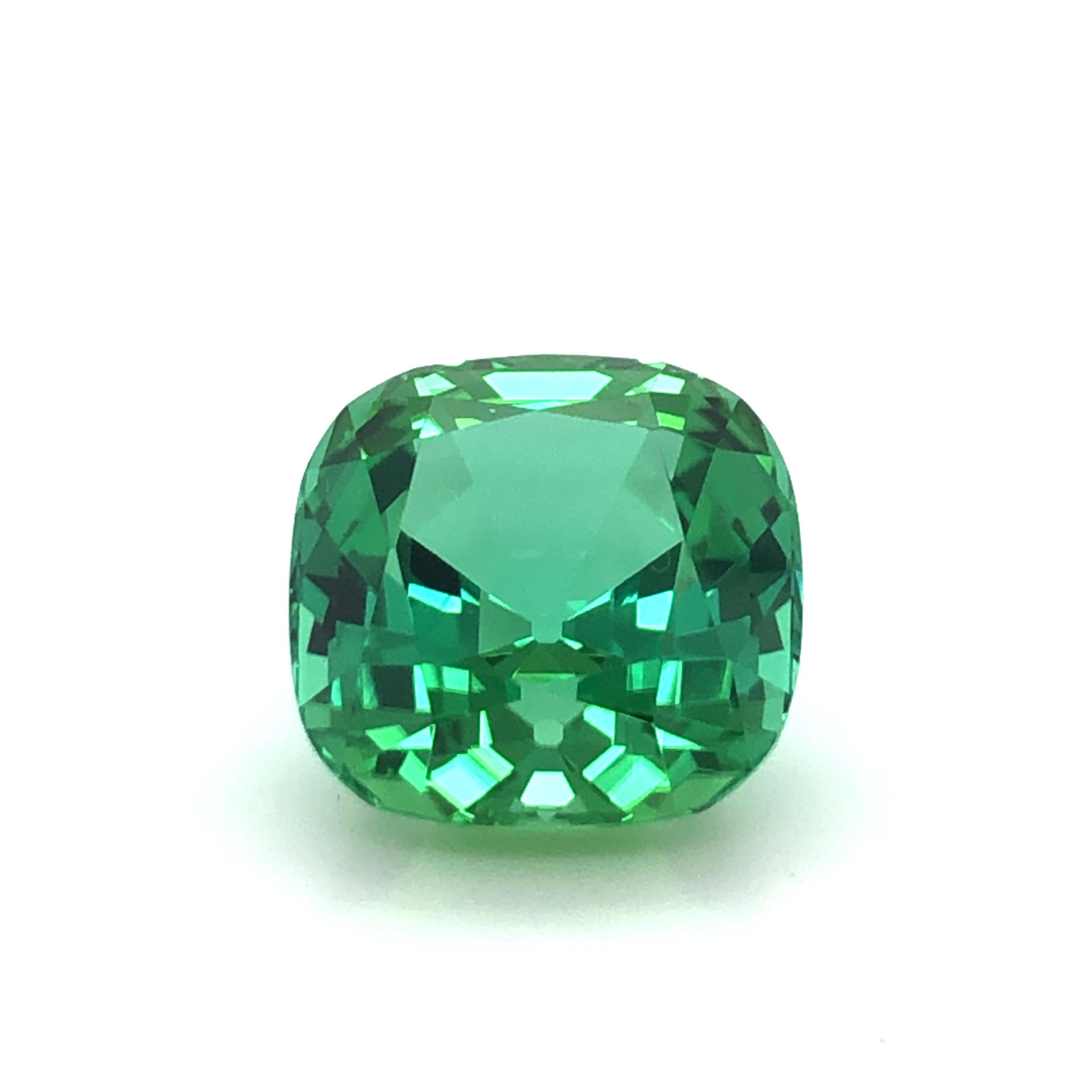 Very attractive mint colored Tourmaline of 15.76 ct. The square cushion shaped gem stands out do to its vibrant greens of different shades. 

The perfect cut stone measures 14.57 x 14.55 x 10.55 mm and is accompanied by Gübelin Gemstone Report no.