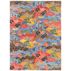 Vibrant Blue, Orange, yellow and Brown Modern Wool Floral Area Rug