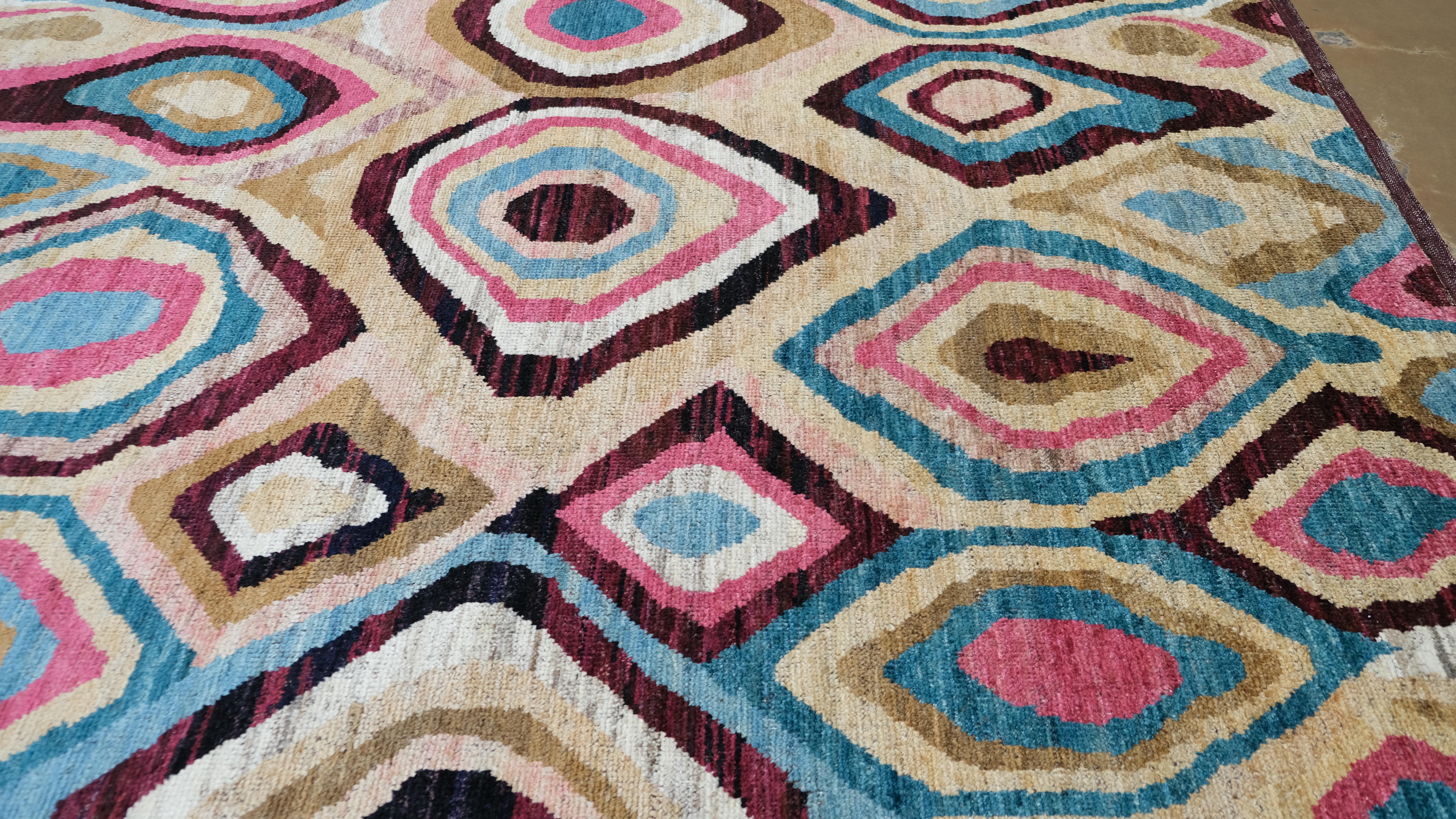 Afghan Vibrant Moroccan Style Unique Designed Wool Rug 8'x9'6'' For Sale
