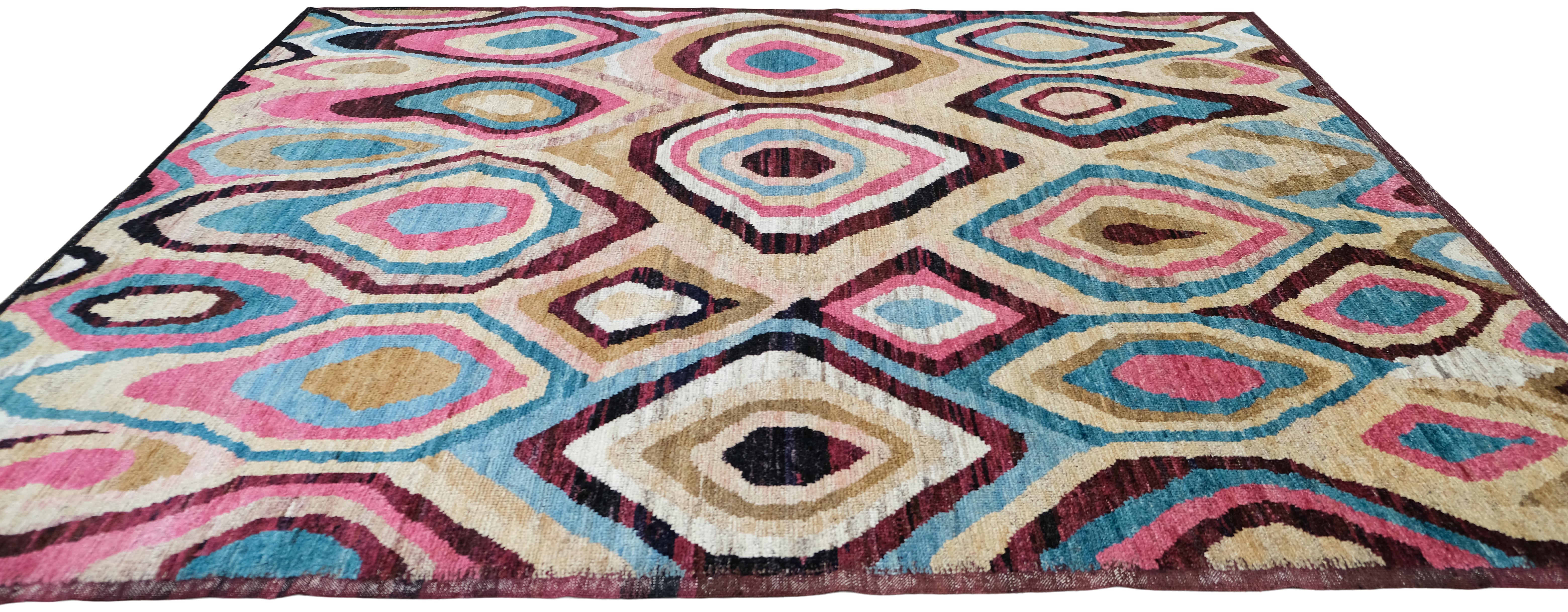 Hand-Knotted Vibrant Moroccan Style Unique Designed Wool Rug 8'x9'6'' For Sale