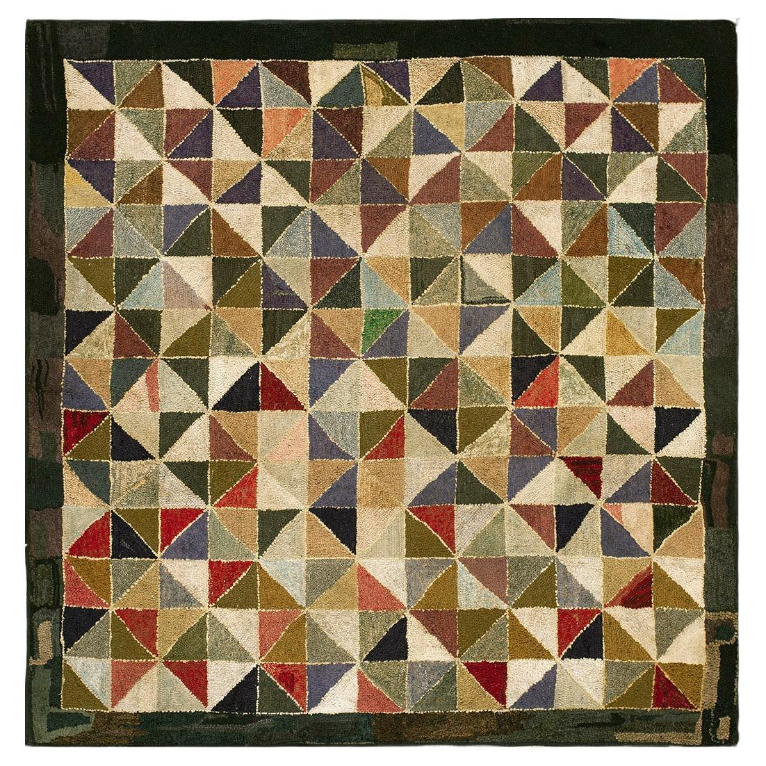 Vibrant Multicolor Ground Allover Geometric Design Antique American Hooked Rug For Sale