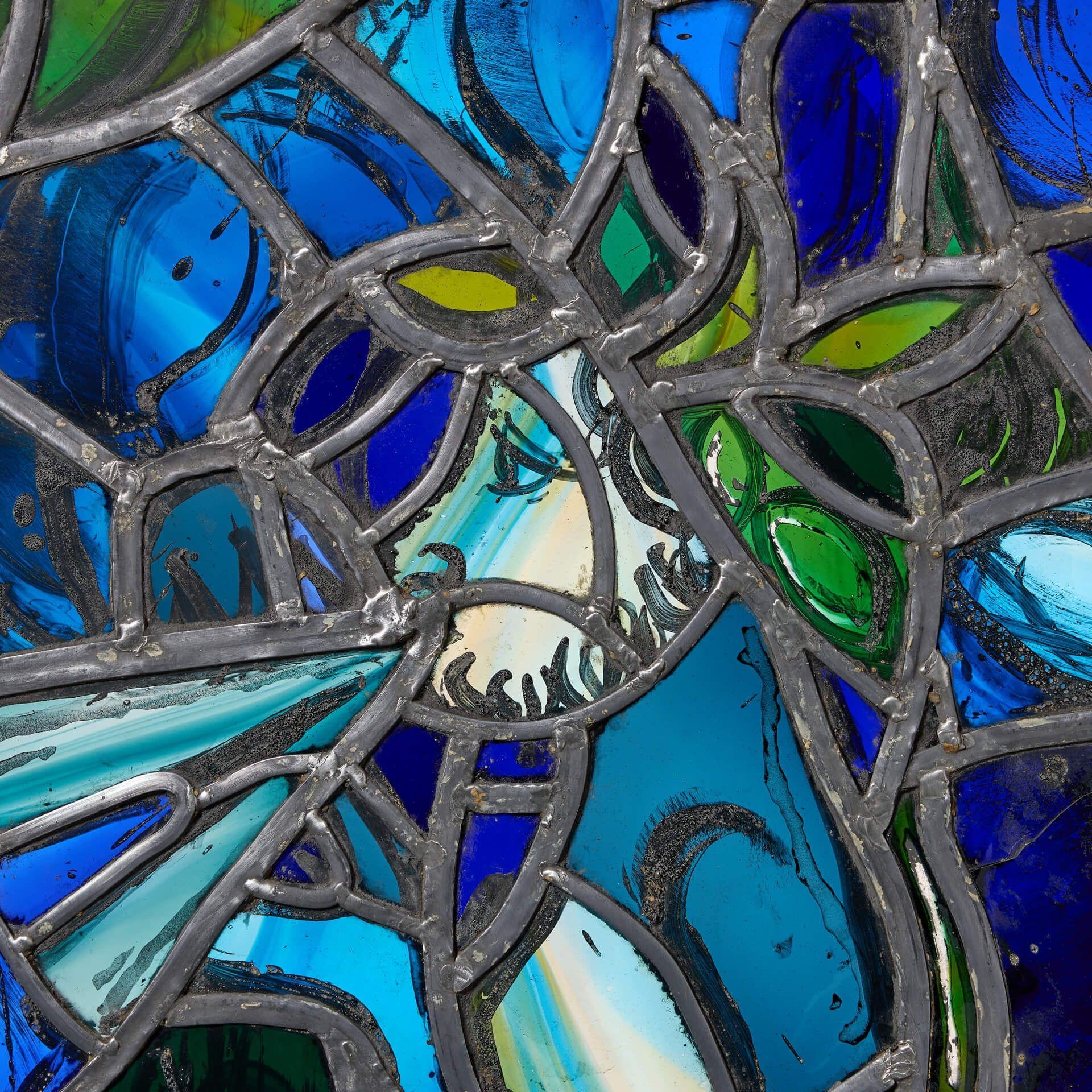 Mid-Century Modern Vibrant Mythical Stained Glass Window For Sale