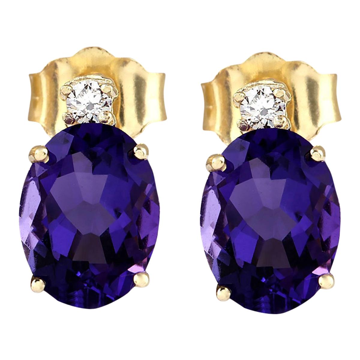 Modern Vibrant Natural Amethyst Diamond Earrings In 14 Karat Yellow Gold  For Sale