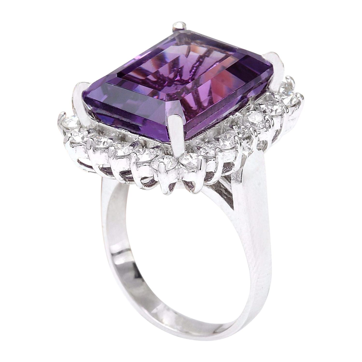 Emerald Cut Vibrant Natural Amethyst Diamond Ring In 14 Karat Solid White Gold  For Sale