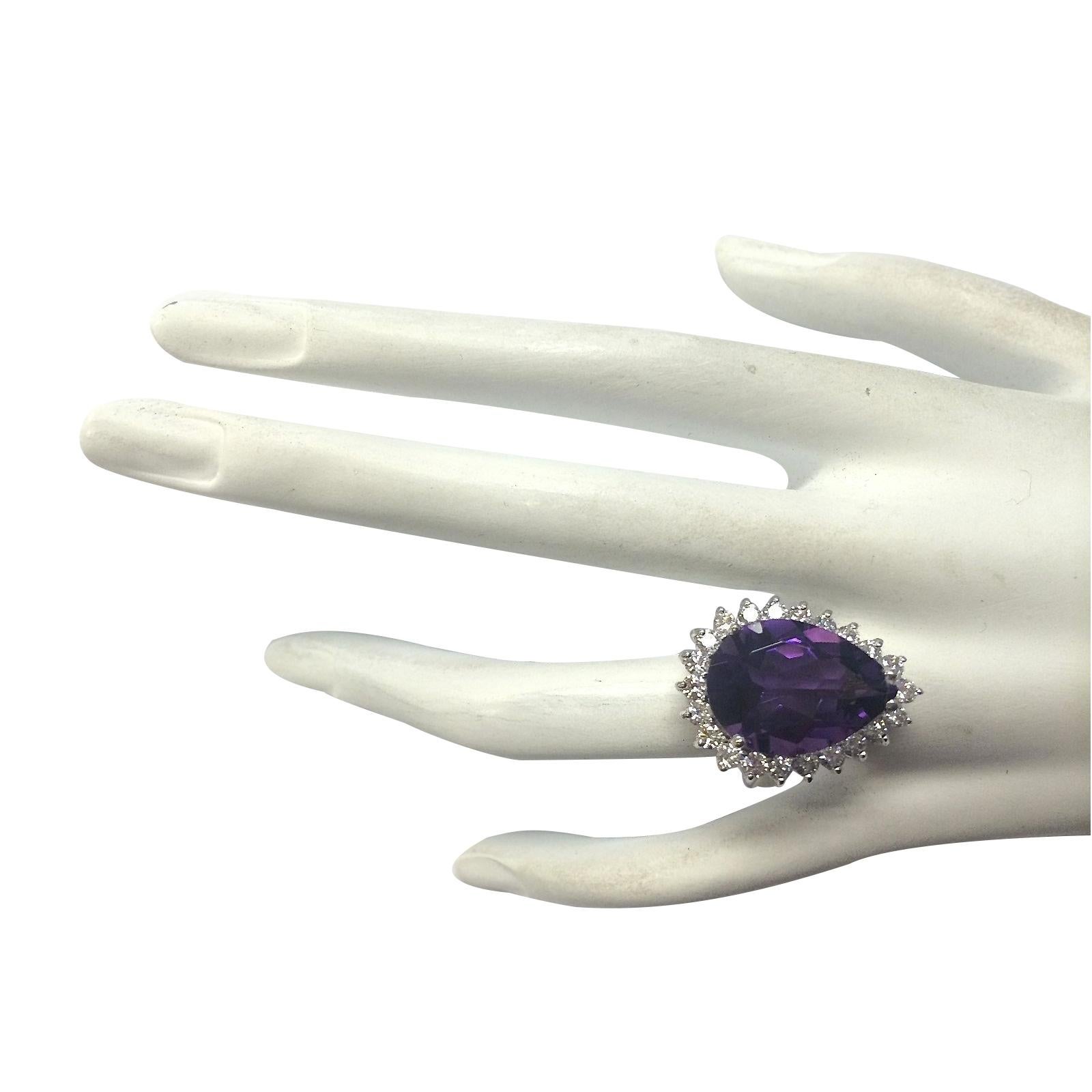 Pear Cut Vibrant Natural Amethyst Diamond Ring In 14 Karat White Gold  For Sale