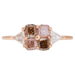 Vieille bague unique en son genre en or rose 14 carats avec diamants de couleur fantaisie de 1,31 carat