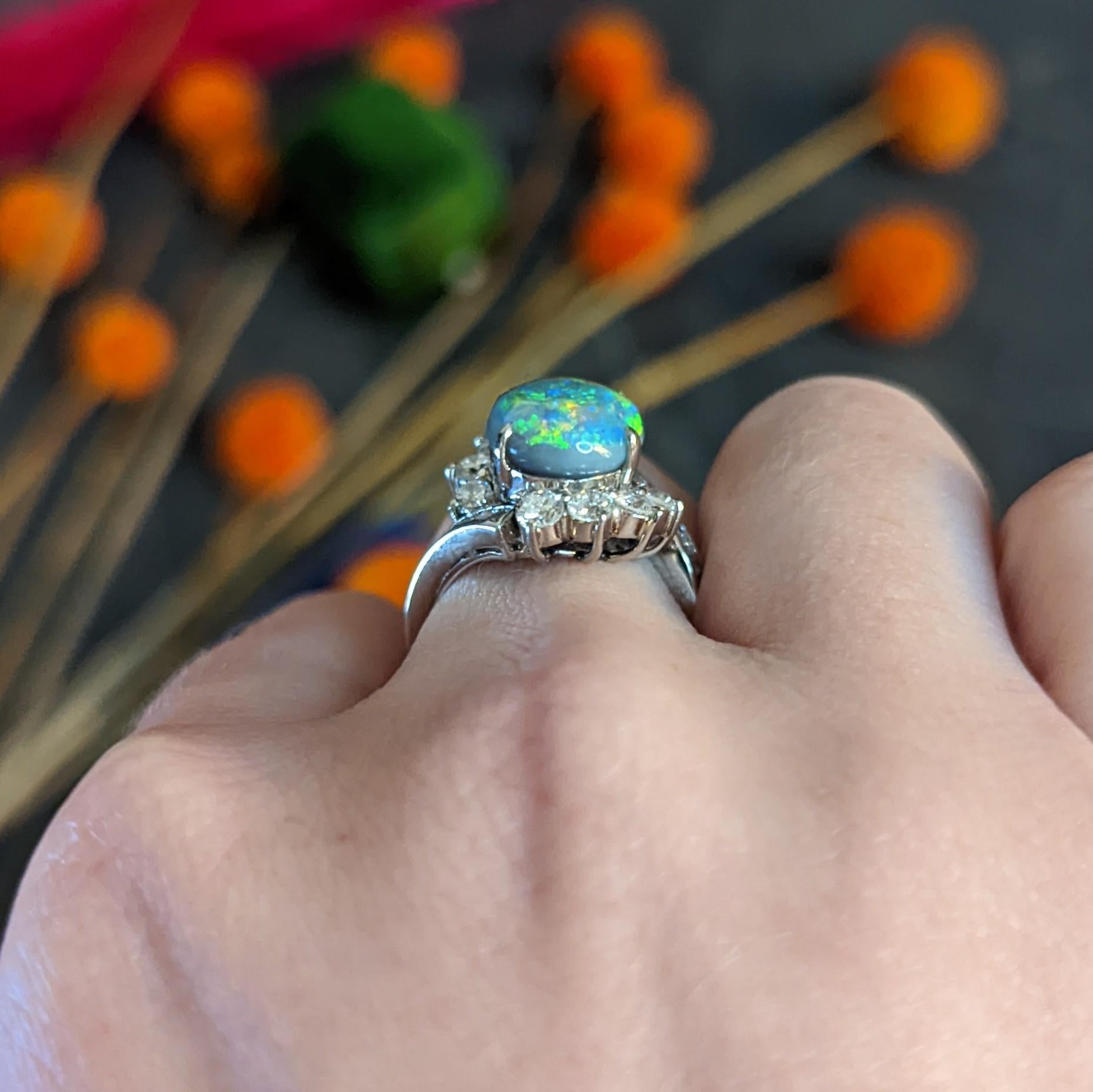 Vibrant Opal Diamond Platinum Cluster Bypass Ring 6